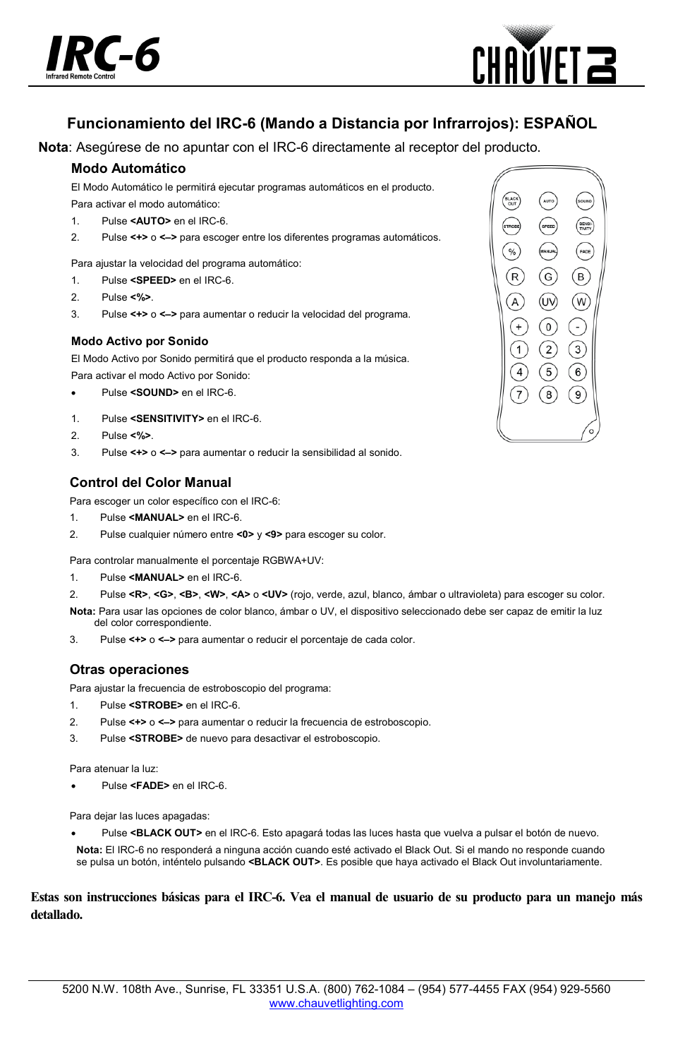 Modo automático, Control del color manual, Otras operaciones | CHAUVET DJ IRC-6 Infrared Remote Control 6 User Manual | Page 2 / 6