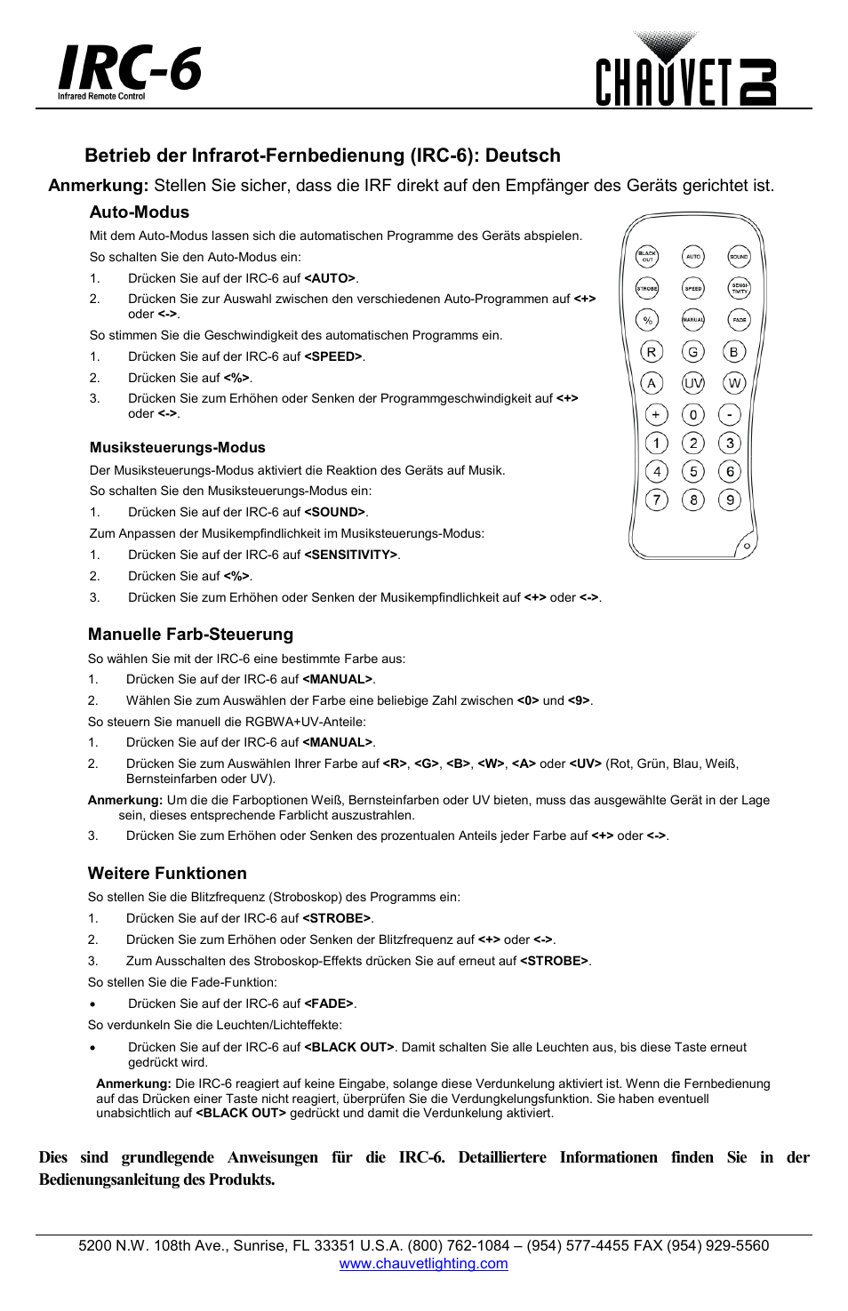 Auto-modus, Manuelle farb-steuerung, Weitere funktionen | CHAUVET DJ IRC-6 Infrared Remote Control 6 User Manual | Page 4 / 6