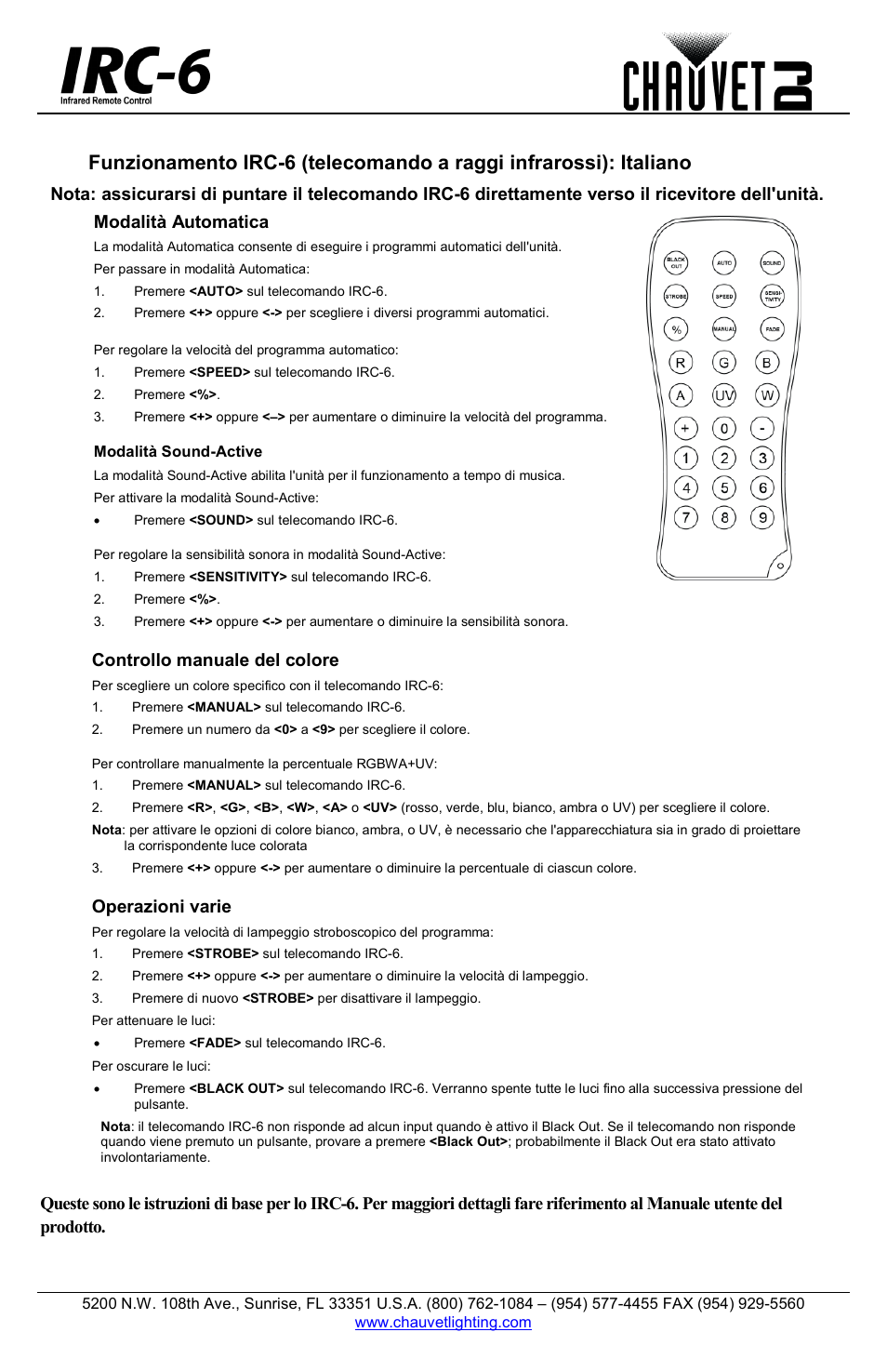 Controllo manuale del colore, Operazioni varie | CHAUVET DJ IRC-6 Infrared Remote Control 6 User Manual | Page 5 / 6