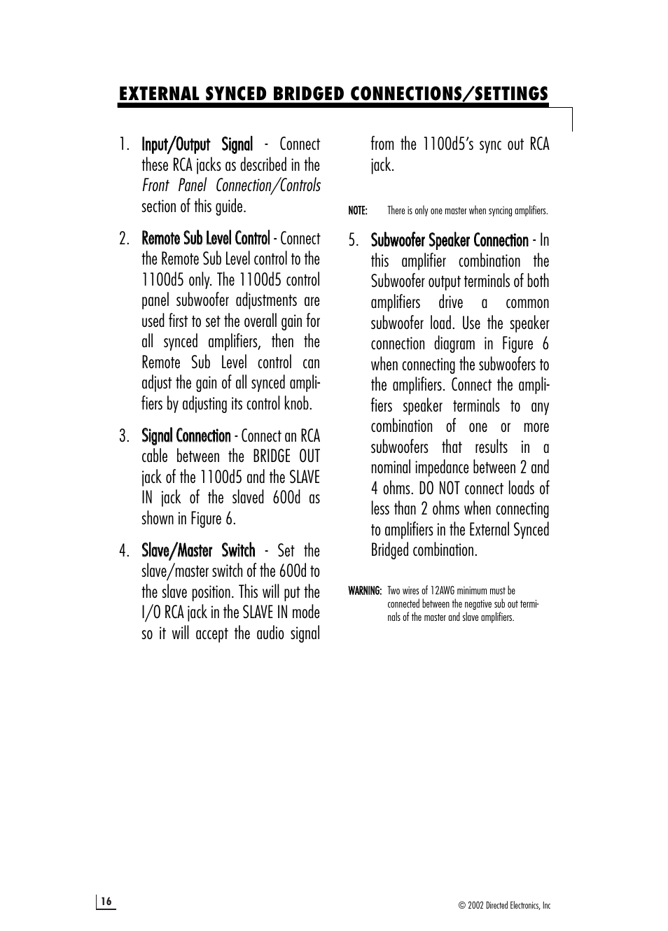 External synced bridged connections/settings | Directed Audio 1100D5 User Manual | Page 16 / 20