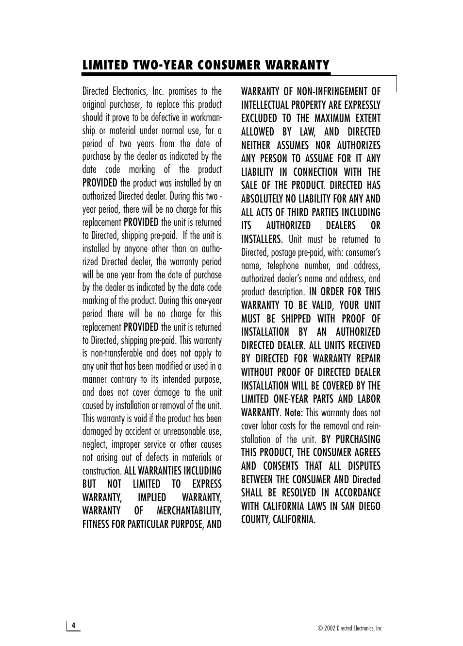 Limited two-year consumer warranty | Directed Audio 1100D5 User Manual | Page 4 / 20