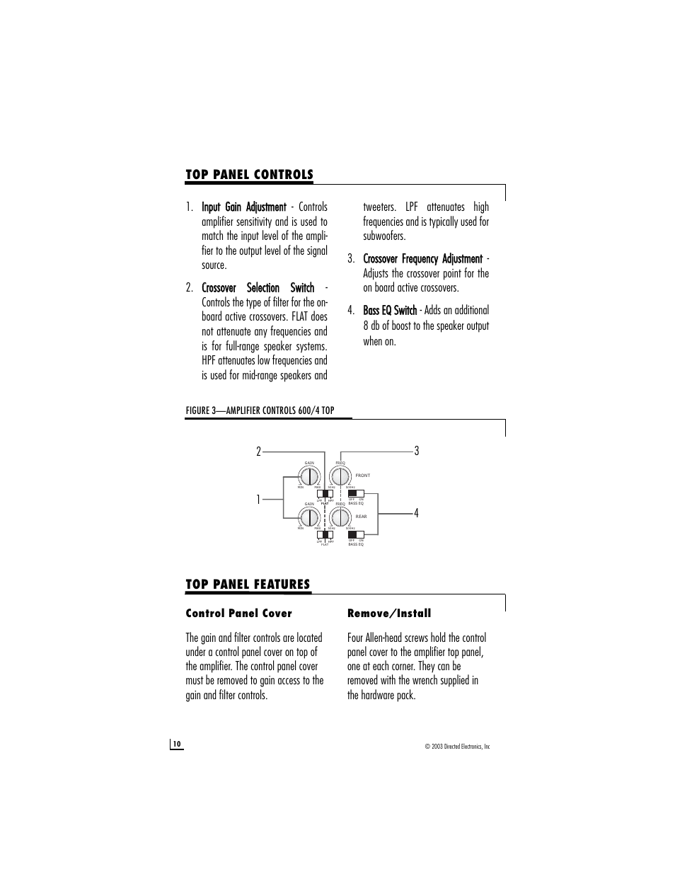 Top panel controls, Control panel cover, Remove/install | Directed Audio 600/4 User Manual | Page 10 / 14