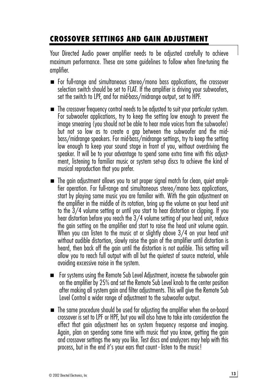 Crossover settings and gain adjustment | Directed Audio 6550 User Manual | Page 13 / 16