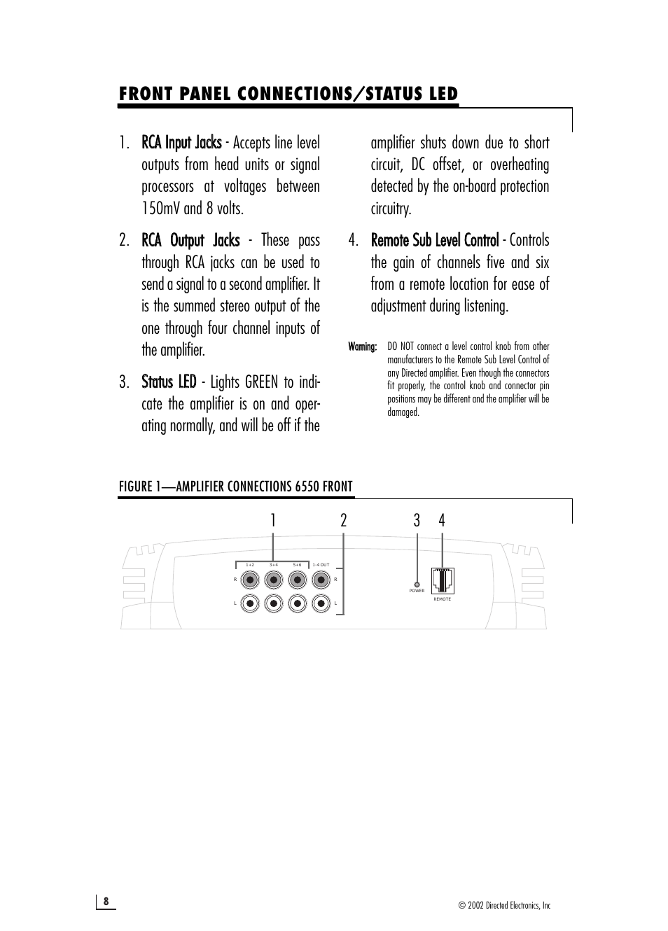 Front panel connections/status led | Directed Audio 6550 User Manual | Page 8 / 16