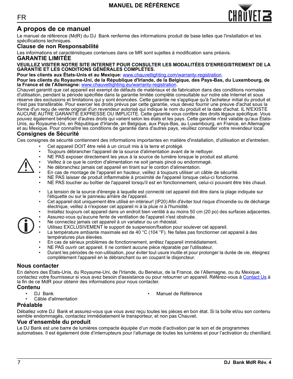 A propos de ce manuel, Clause de non responsabilité, Garantie limitée | Consignes de sécurité, Nous contacter, Contenu, Préalable, Vue d’ensemble du produit, Manuel de référence, Contenu préalable | CHAUVET DJ DJ Bank LED Light Bar (RGBA) User Manual | Page 10 / 24