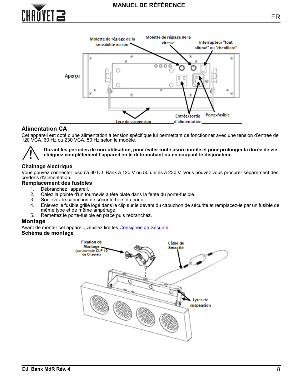 Alimentation ca, Chaînage électrique, Remplacement des fusibles | Montage, Schéma de montage | CHAUVET DJ DJ Bank LED Light Bar (RGBA) User Manual | Page 11 / 24