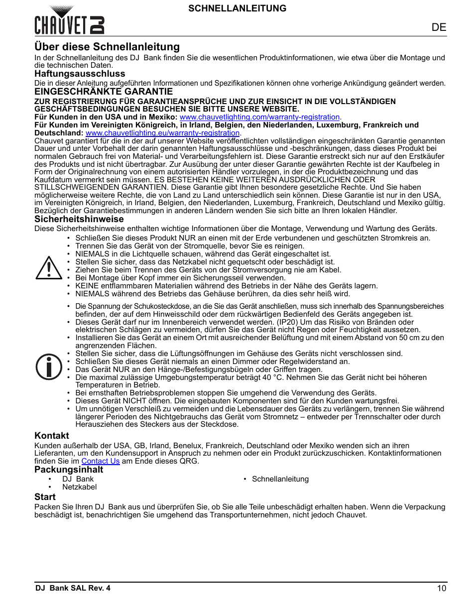 Über diese schnellanleitung, Haftungsausschluss, Eingeschränkte garantie | Sicherheitshinweise, Kontakt, Packungsinhalt, Start | CHAUVET DJ DJ Bank LED Light Bar (RGBA) User Manual | Page 13 / 24