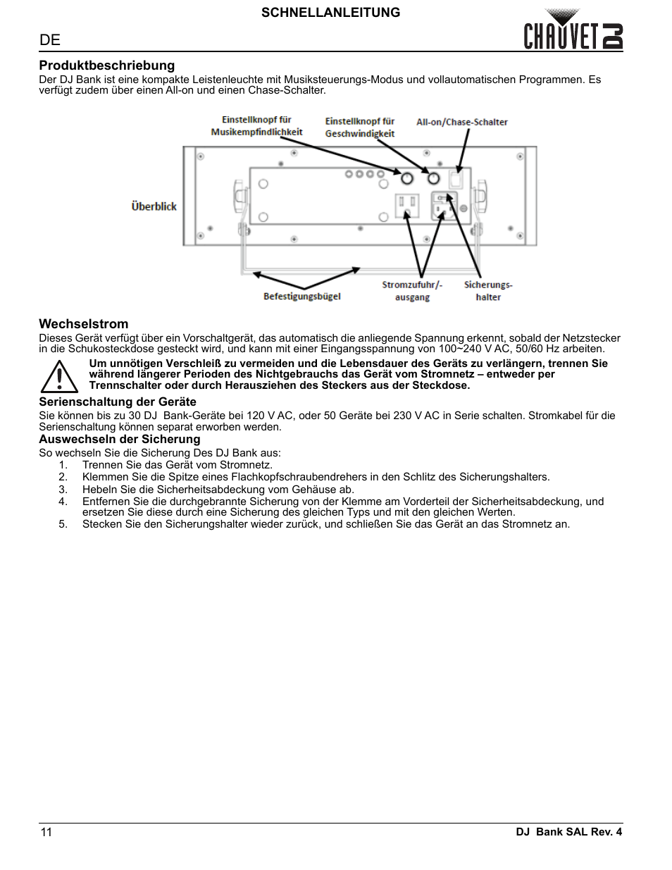 Produktbeschriebung, Wechselstrom, Serienschaltung der geräte | Auswechseln der sicherung | CHAUVET DJ DJ Bank LED Light Bar (RGBA) User Manual | Page 14 / 24