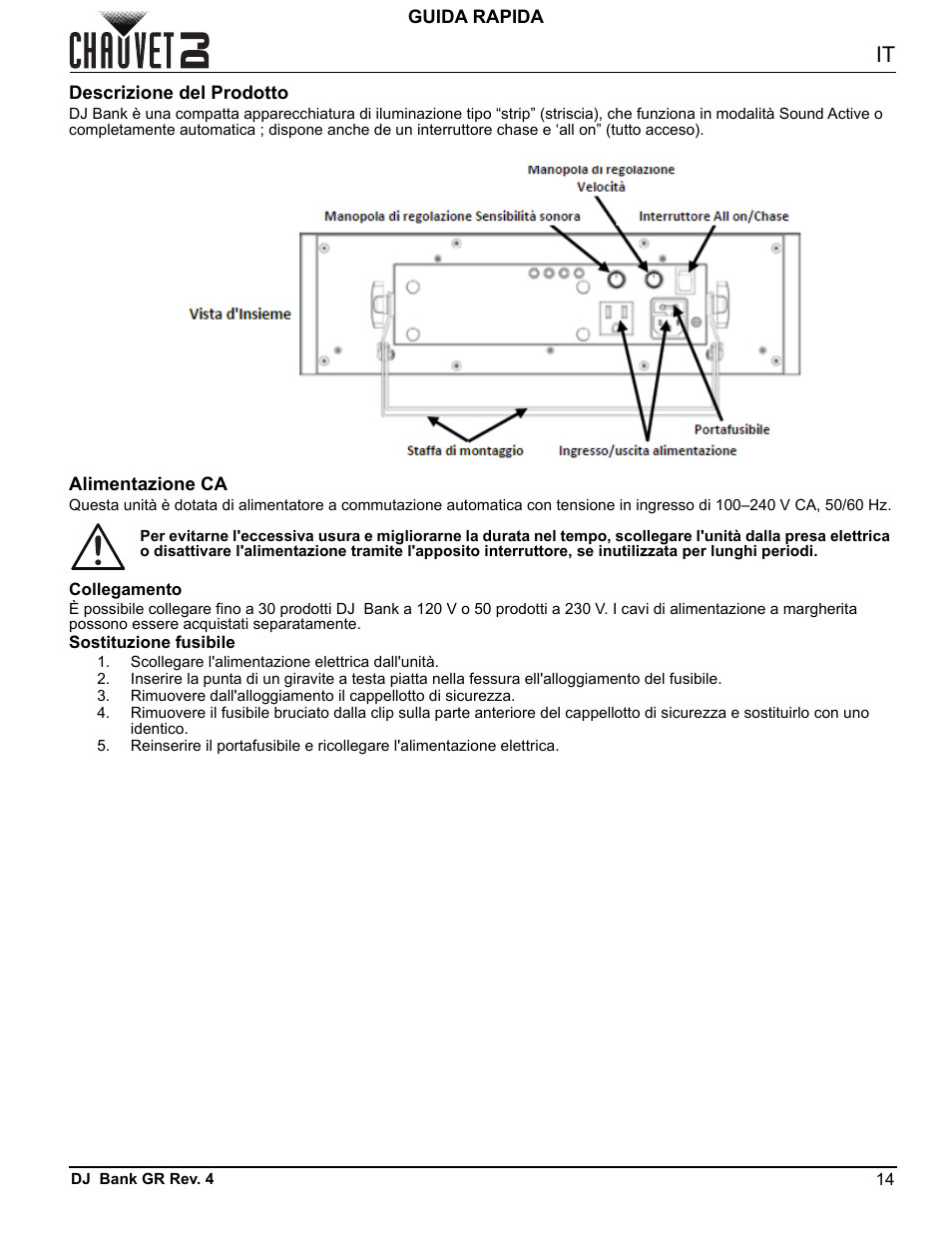 Descrizione del prodotto, Alimentazione ca, Collegamento | Sostituzione fusibile | CHAUVET DJ DJ Bank LED Light Bar (RGBA) User Manual | Page 18 / 24