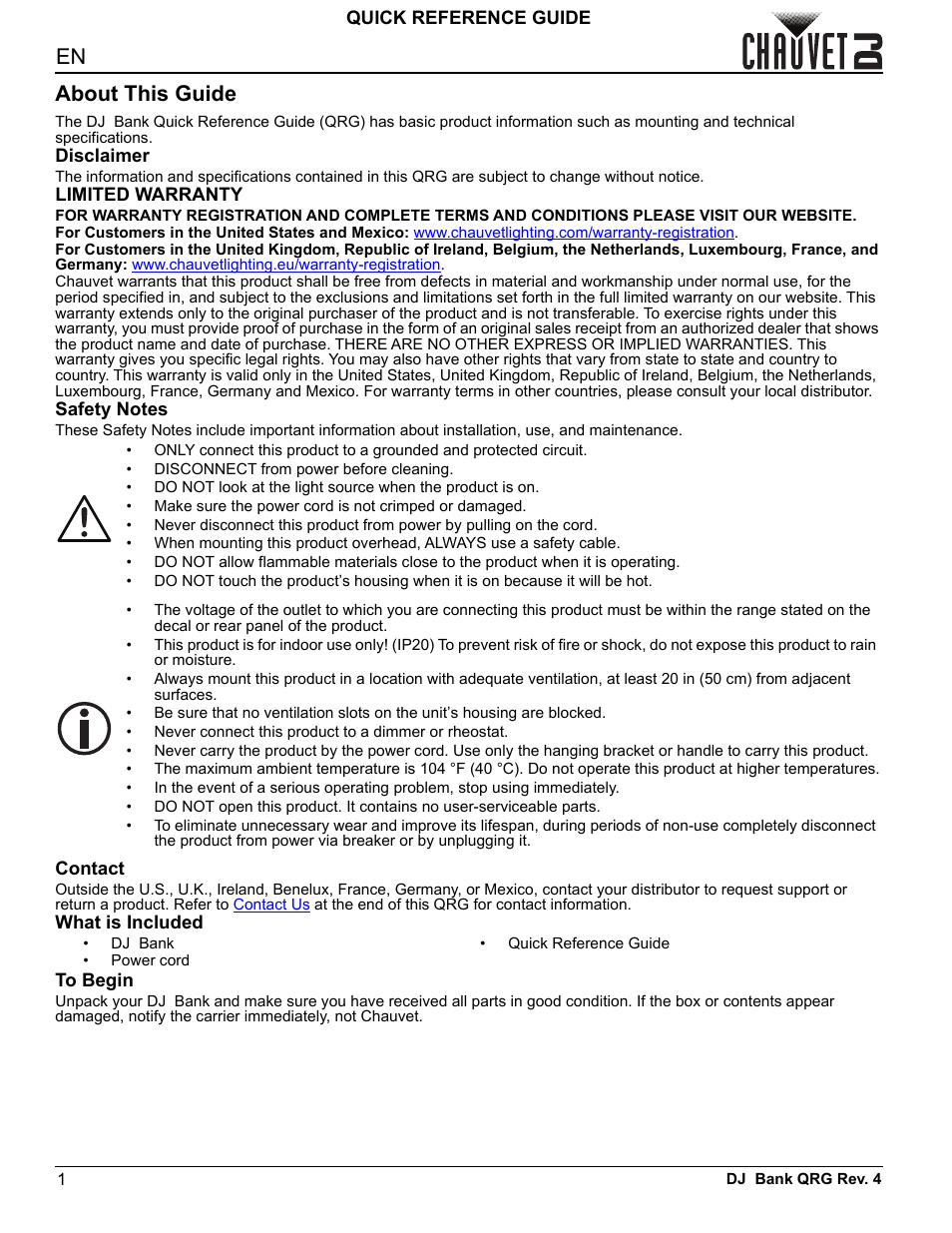 About this guide, Disclaimer, Limited warranty | Safety notes, Contact, What is included, To begin, Quick reference guide, What is included to begin | CHAUVET DJ DJ Bank LED Light Bar (RGBA) User Manual | Page 2 / 24