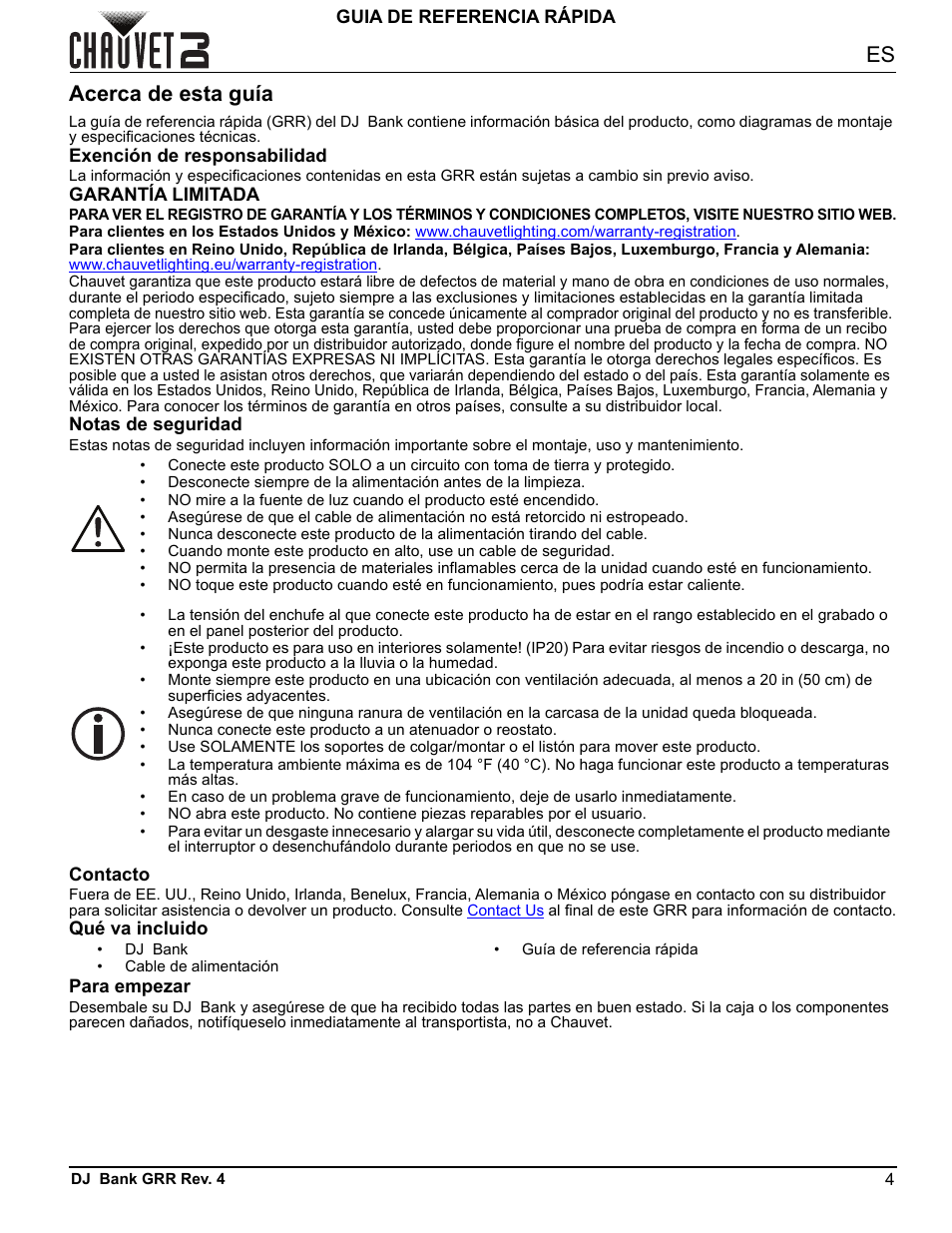 Acerca de esta guía, Exención de responsabilidad, Garantía limitada | Notas de seguridad, Contacto, Qué va incluido, Para empezar, Guia de referencia rápida, Qué va incluido para empezar | CHAUVET DJ DJ Bank LED Light Bar (RGBA) User Manual | Page 6 / 24
