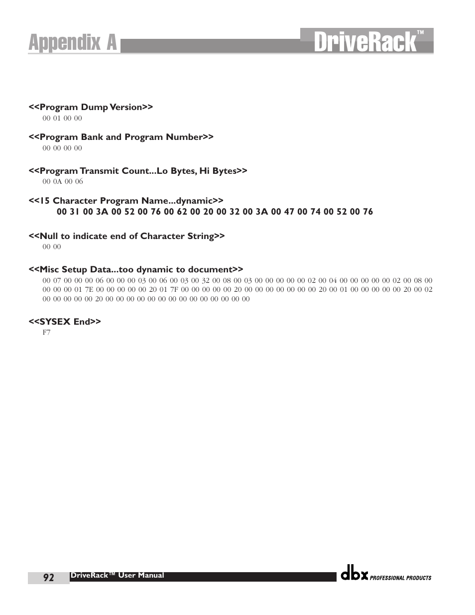 Driverack, Appendix a | dbx Pro 480 User Manual | Page 100 / 117