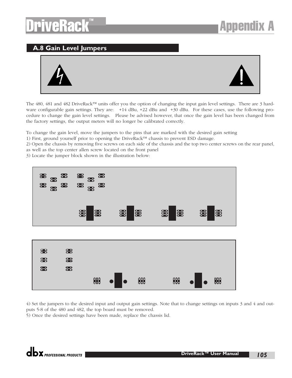 Driverack, Appendix a, A.8 gain level jumpers | Input jumpers output jumpers, Driverack™ user manual | dbx Pro 480 User Manual | Page 113 / 117