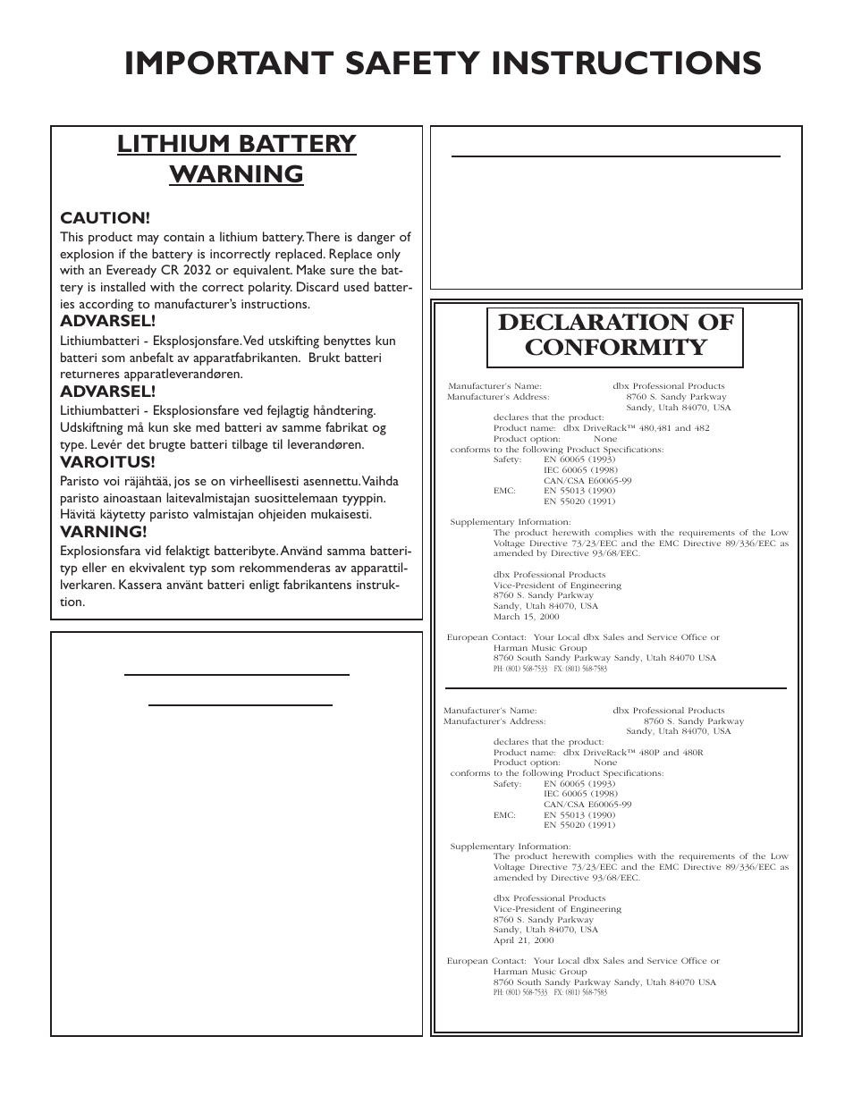 Important safety instructions, U.k. mains plug warning, Lithium battery warning | Electromagnetic compatibility, Declaration of conformity | dbx Pro 480 User Manual | Page 3 / 117