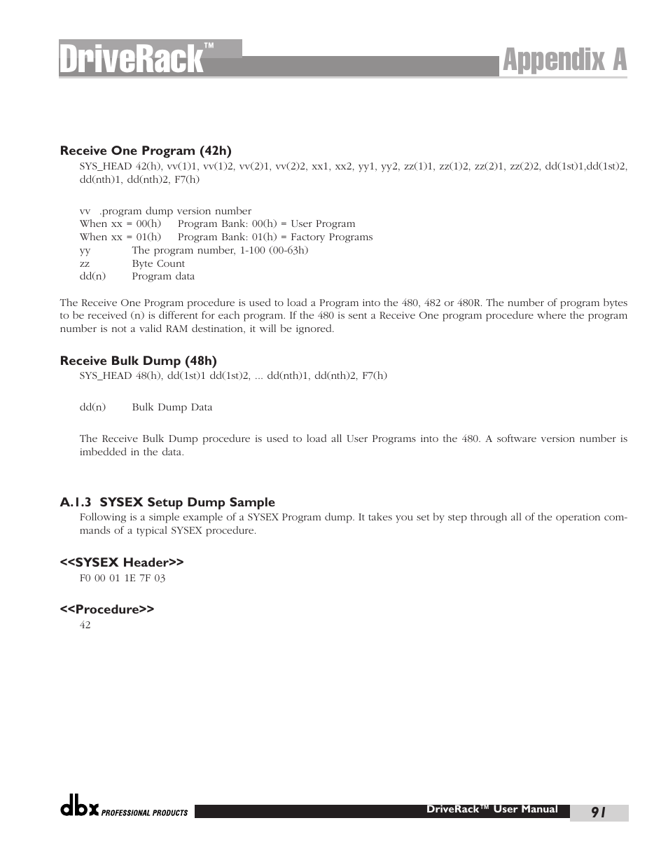 Driverack, Appendix a | dbx Pro 480 User Manual | Page 99 / 117