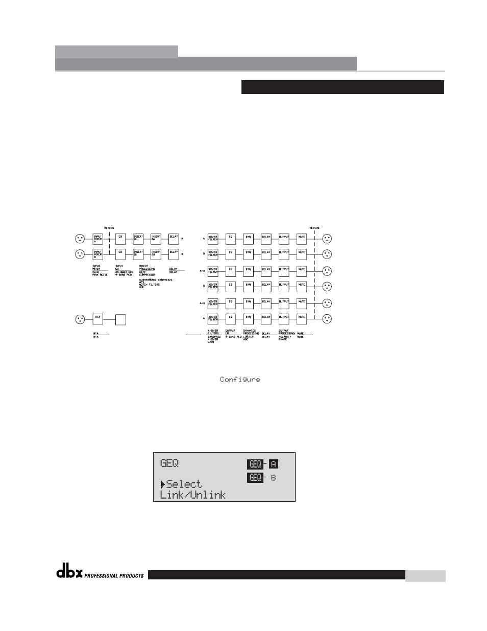 Driverack, Geq select link/unlink, Configuring the driverack | Geq geq, 5 creating a user configuration | dbx Pro 260 User Manual | Page 31 / 83