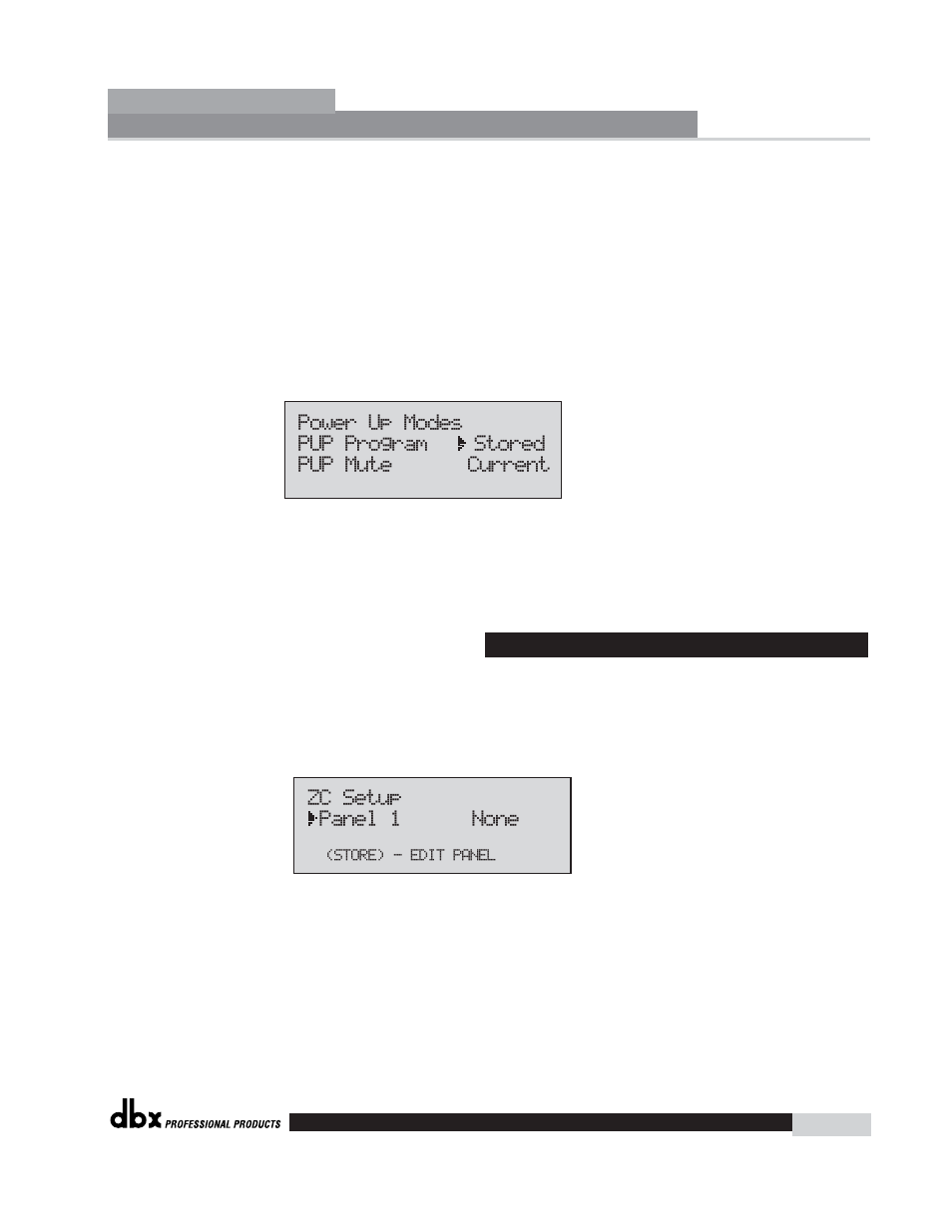 Driverack, Zc setup panel 1 none, Power up modes pup program stored pup mute current | dbx Pro 260 User Manual | Page 49 / 83