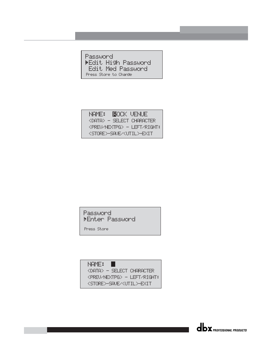 Driverack, Name: password enter password | dbx Pro 260 User Manual | Page 52 / 83