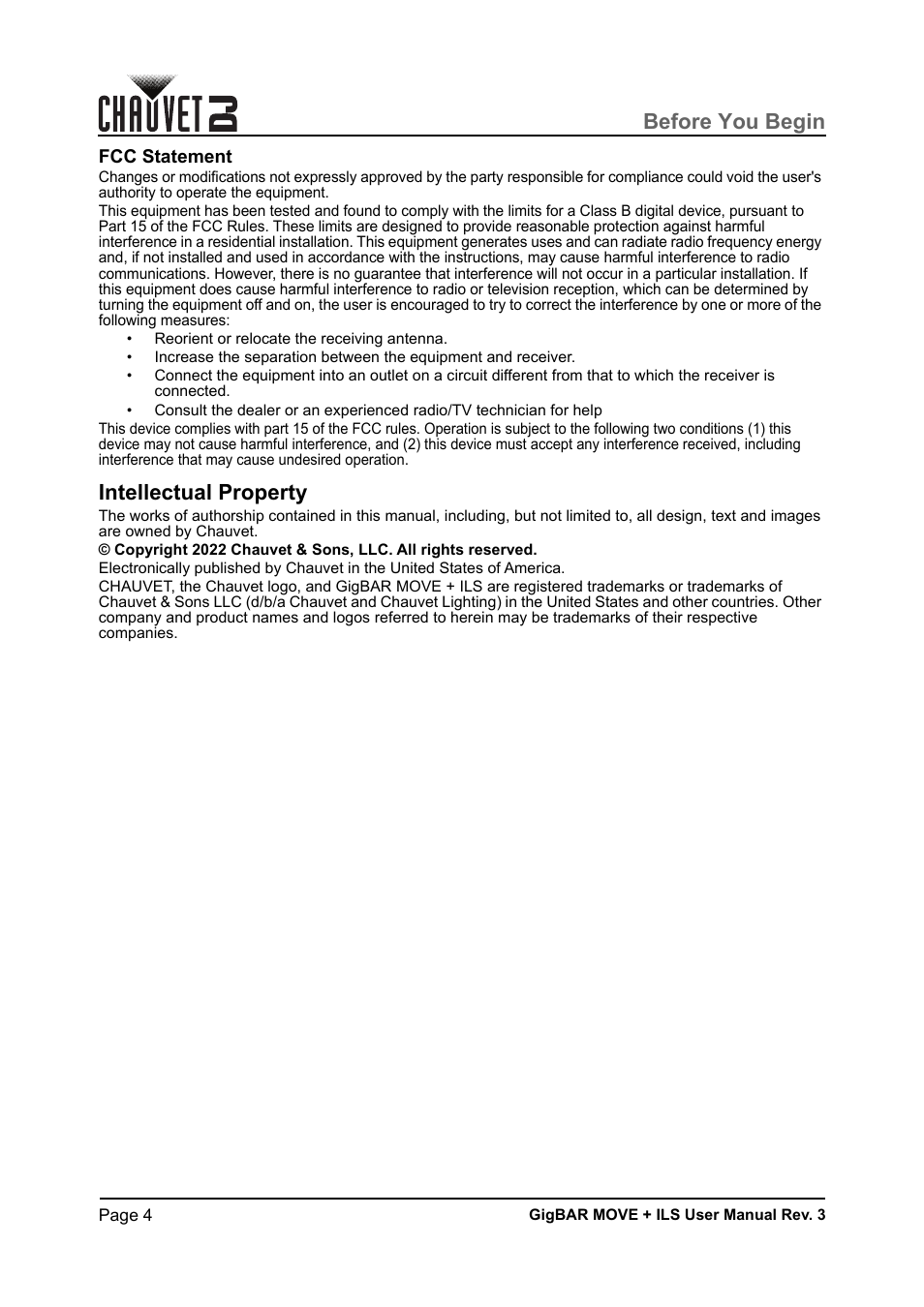 Fcc statement, Intellectual property, Before you begin | CHAUVET DJ GigBAR Move + ILS 5-in-1 Lighting System with Moving Heads, Pars, Derbys, Strobe, and Laser Effects User Manual | Page 10 / 164