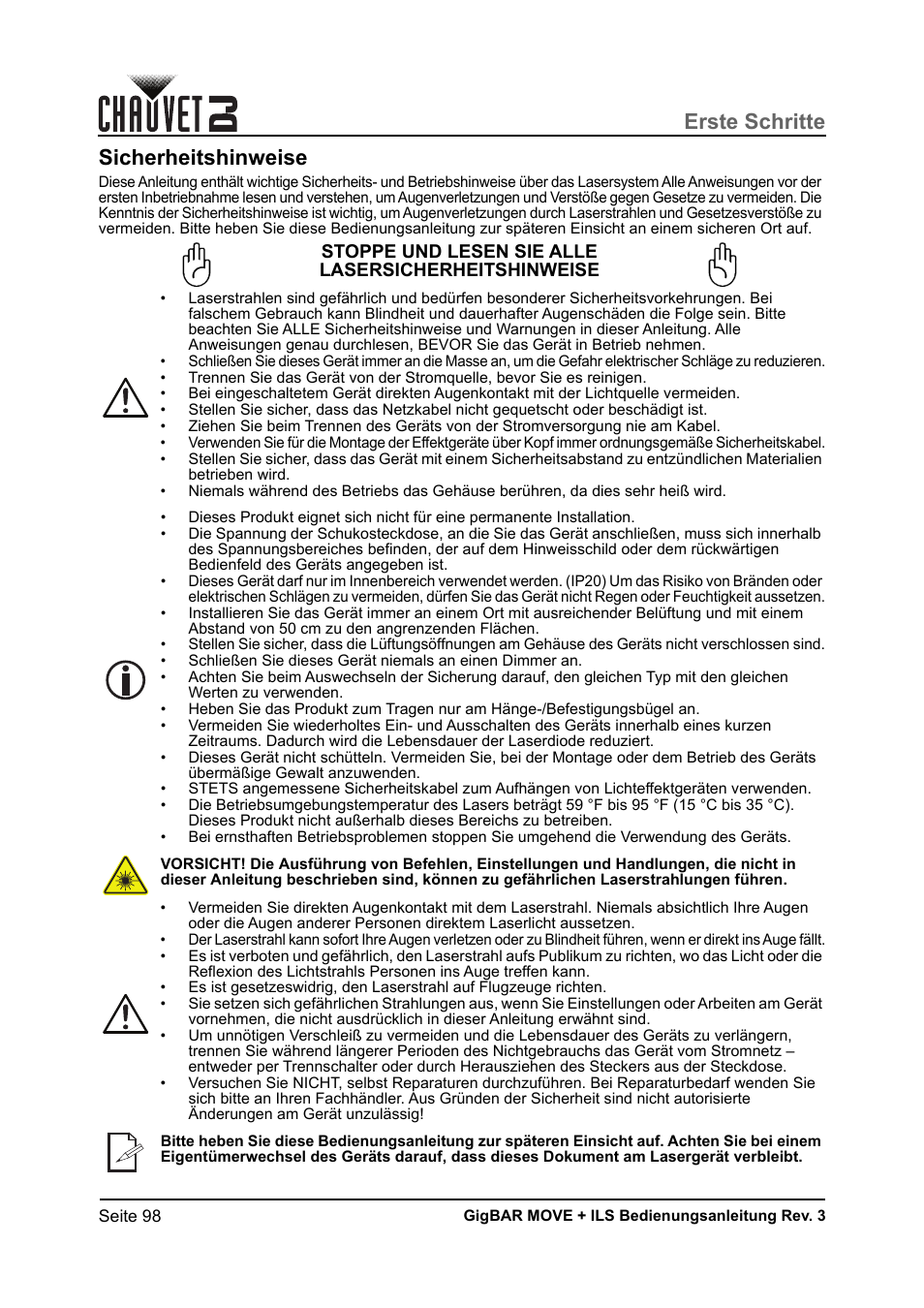 Sicherheitshinweise, Erste schritte, Stoppe und lesen sie alle lasersicherheitshinweise | CHAUVET DJ GigBAR Move + ILS 5-in-1 Lighting System with Moving Heads, Pars, Derbys, Strobe, and Laser Effects User Manual | Page 104 / 164