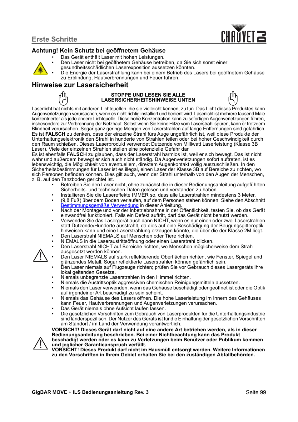 Achtung! kein schutz bei geöffnetem gehäuse, Hinweise zur lasersicherheit, Erste schritte | CHAUVET DJ GigBAR Move + ILS 5-in-1 Lighting System with Moving Heads, Pars, Derbys, Strobe, and Laser Effects User Manual | Page 105 / 164