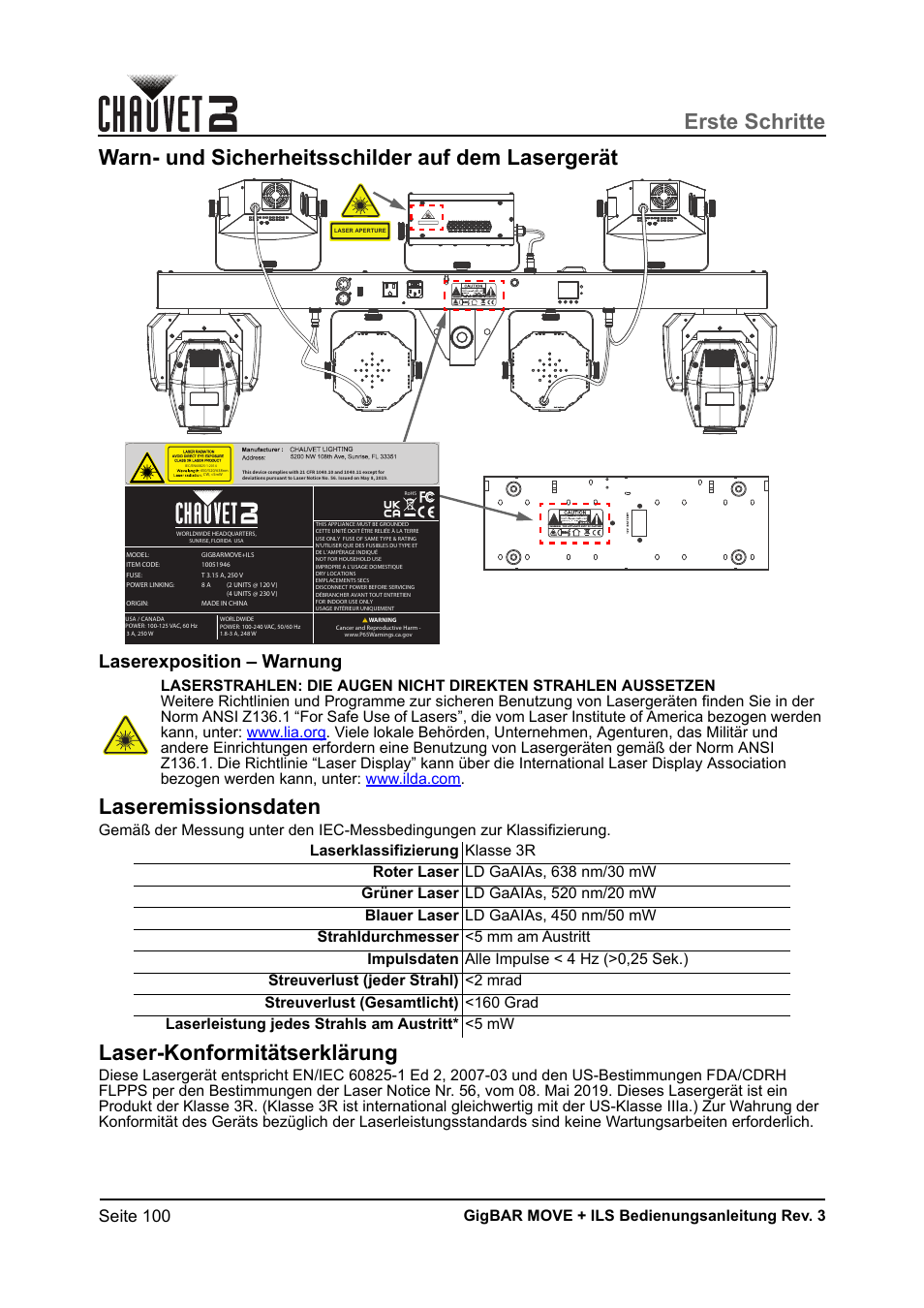 Warn- und sicherheitsschilder auf dem lasergerät, Laserexposition – warnung, Laseremissionsdaten | Laser-konformitätserklärung, Erste schritte, Seite 100, Gigbar move + ils bedienungsanleitung rev. 3 | CHAUVET DJ GigBAR Move + ILS 5-in-1 Lighting System with Moving Heads, Pars, Derbys, Strobe, and Laser Effects User Manual | Page 106 / 164