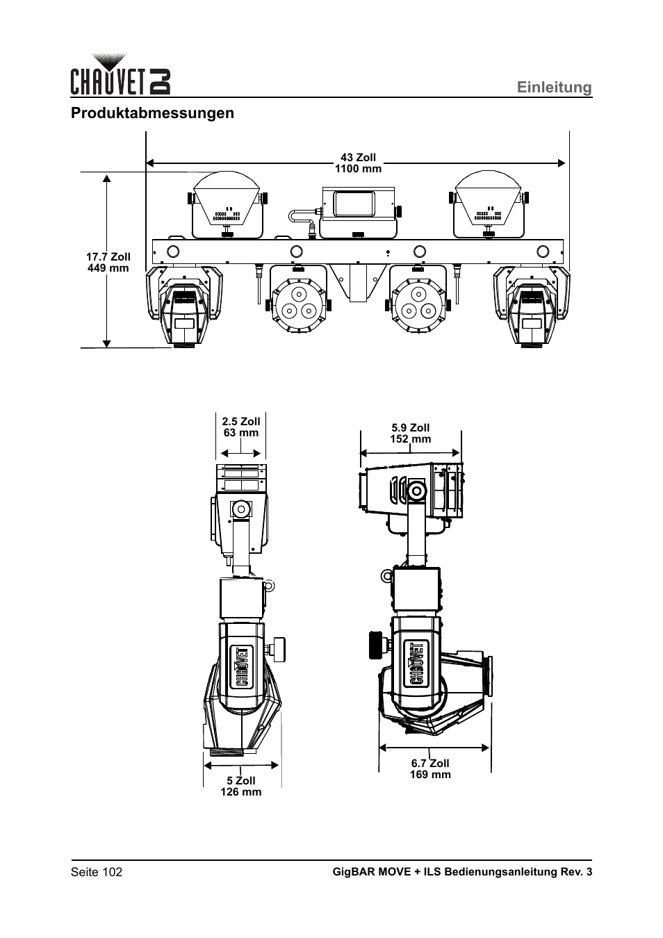 Produktabmessungen, Einleitung | CHAUVET DJ GigBAR Move + ILS 5-in-1 Lighting System with Moving Heads, Pars, Derbys, Strobe, and Laser Effects User Manual | Page 108 / 164