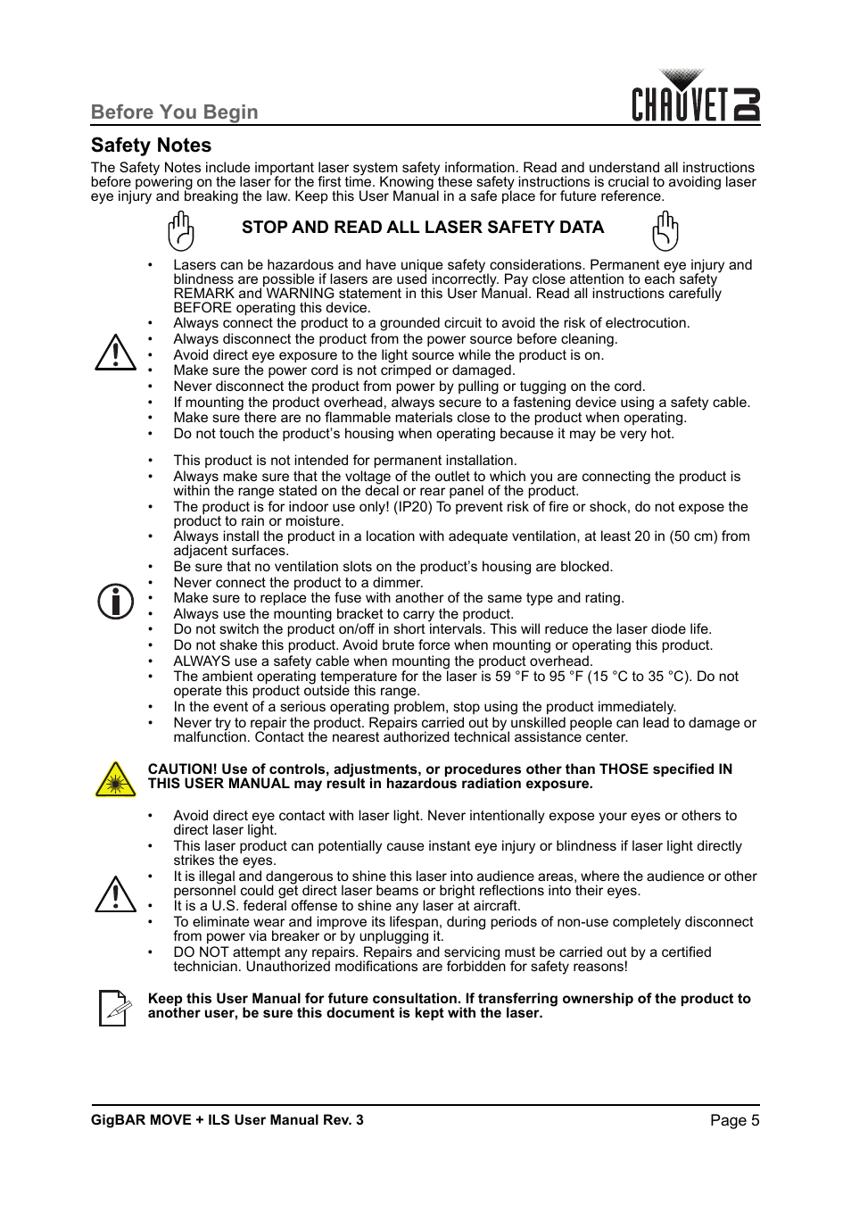 Safety notes, Stop and read all laser safety data | CHAUVET DJ GigBAR Move + ILS 5-in-1 Lighting System with Moving Heads, Pars, Derbys, Strobe, and Laser Effects User Manual | Page 11 / 164