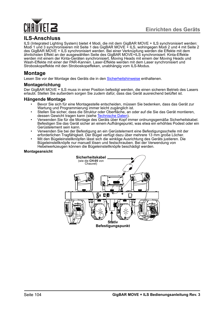 Ils-anschluss, Montage, Montagerichtung | Hängende montage, Einrichten des geräts | CHAUVET DJ GigBAR Move + ILS 5-in-1 Lighting System with Moving Heads, Pars, Derbys, Strobe, and Laser Effects User Manual | Page 110 / 164