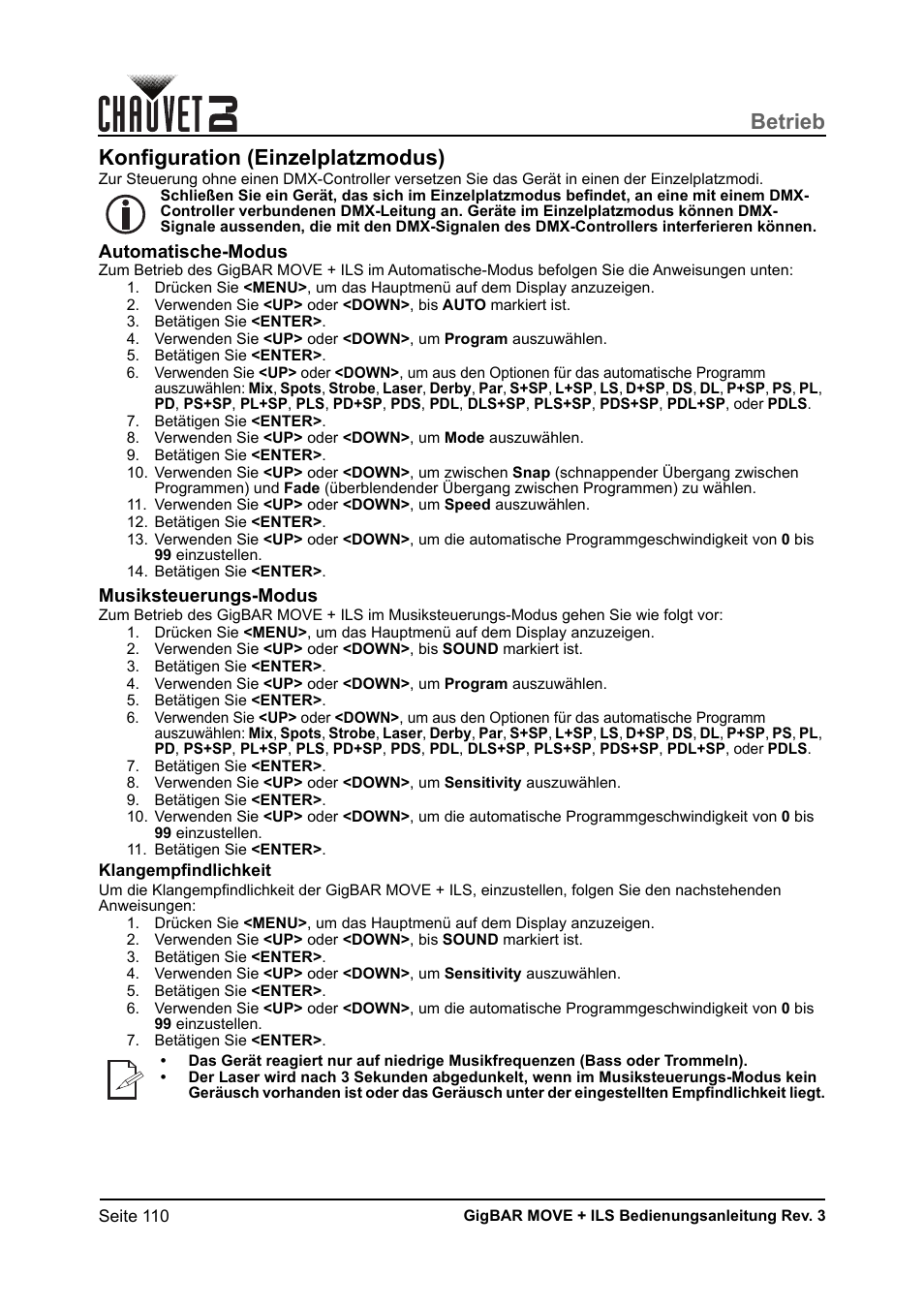Konfiguration (einzelplatzmodus), Automatische-modus, Musiksteuerungs-modus | Klangempfindlichkeit, Betrieb | CHAUVET DJ GigBAR Move + ILS 5-in-1 Lighting System with Moving Heads, Pars, Derbys, Strobe, and Laser Effects User Manual | Page 116 / 164