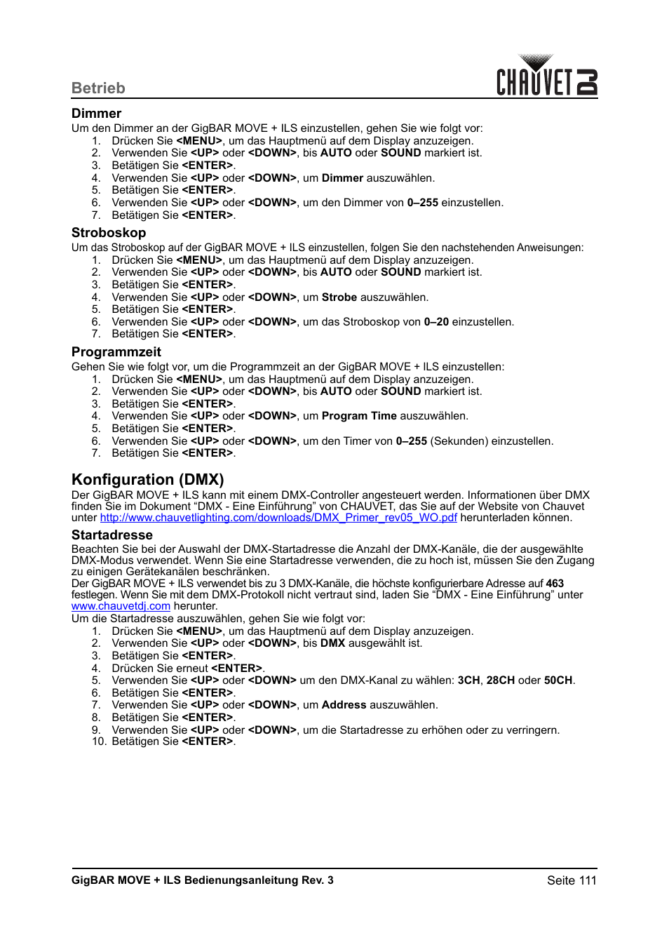 Dimmer, Stroboskop, Programmzeit | Konfiguration (dmx), Startadresse, Betrieb | CHAUVET DJ GigBAR Move + ILS 5-in-1 Lighting System with Moving Heads, Pars, Derbys, Strobe, and Laser Effects User Manual | Page 117 / 164