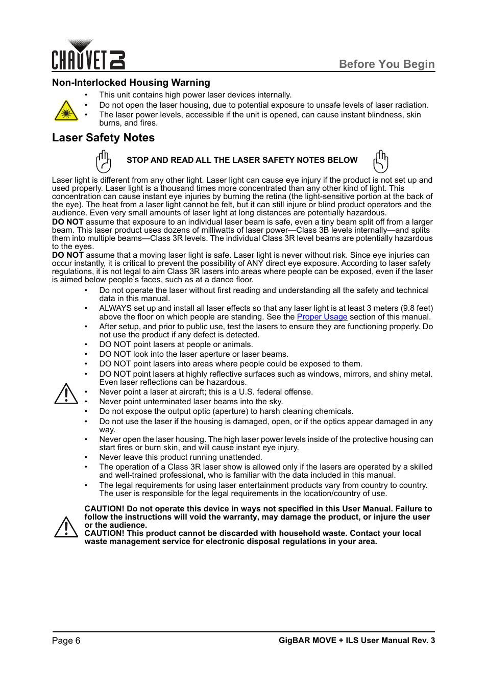 Non-interlocked housing warning, Laser safety notes, Before you begin | CHAUVET DJ GigBAR Move + ILS 5-in-1 Lighting System with Moving Heads, Pars, Derbys, Strobe, and Laser Effects User Manual | Page 12 / 164