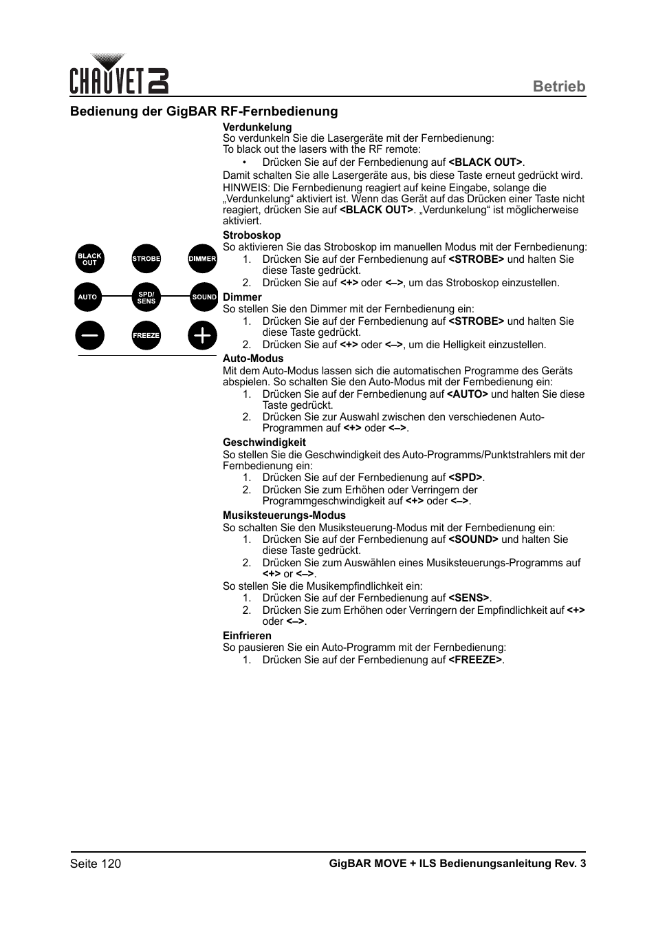 Bedienung der gigbar rf-fernbedienung, Betrieb | CHAUVET DJ GigBAR Move + ILS 5-in-1 Lighting System with Moving Heads, Pars, Derbys, Strobe, and Laser Effects User Manual | Page 126 / 164