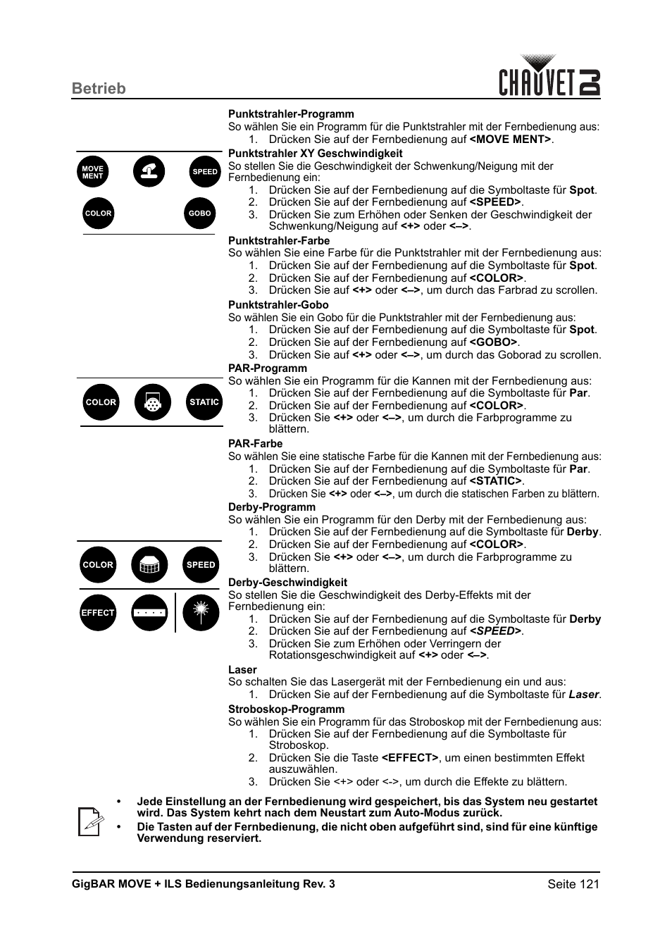 Betrieb | CHAUVET DJ GigBAR Move + ILS 5-in-1 Lighting System with Moving Heads, Pars, Derbys, Strobe, and Laser Effects User Manual | Page 127 / 164