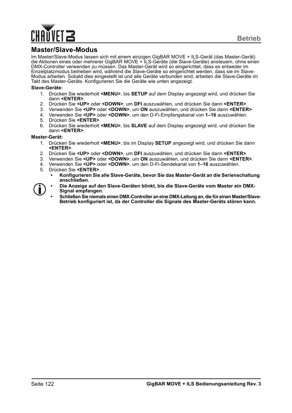 Master/slave-modus, Betrieb | CHAUVET DJ GigBAR Move + ILS 5-in-1 Lighting System with Moving Heads, Pars, Derbys, Strobe, and Laser Effects User Manual | Page 128 / 164