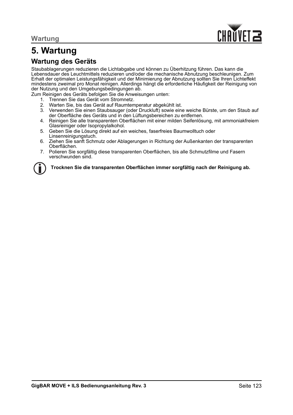 Wartung, Wartung des geräts | CHAUVET DJ GigBAR Move + ILS 5-in-1 Lighting System with Moving Heads, Pars, Derbys, Strobe, and Laser Effects User Manual | Page 129 / 164