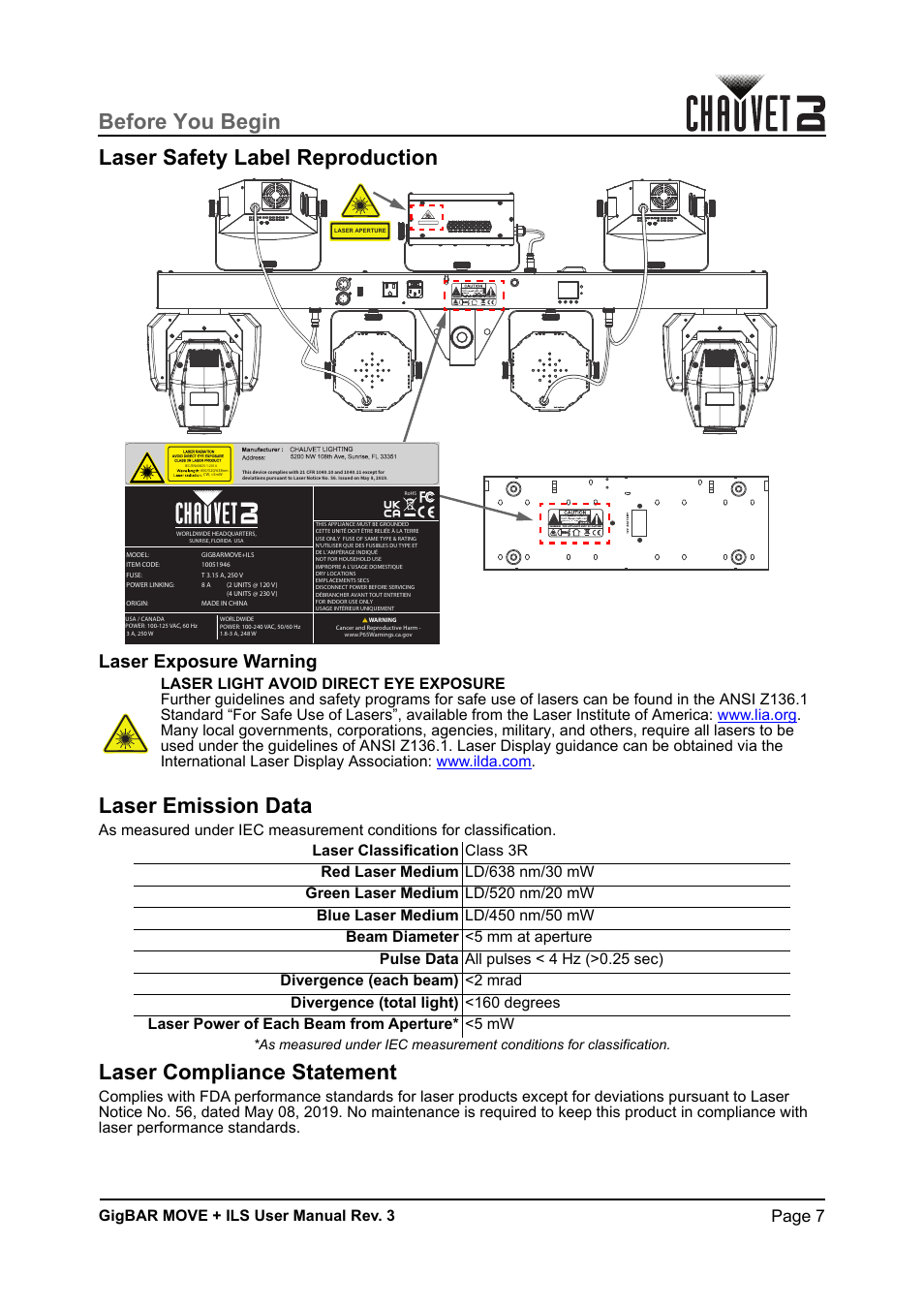 Laser safety label reproduction, Laser emission data, Laser compliance statement | Before you begin laser safety label reproduction, Laser exposure warning, Page 7, Gigbar move + ils user manual rev. 3 | CHAUVET DJ GigBAR Move + ILS 5-in-1 Lighting System with Moving Heads, Pars, Derbys, Strobe, and Laser Effects User Manual | Page 13 / 164