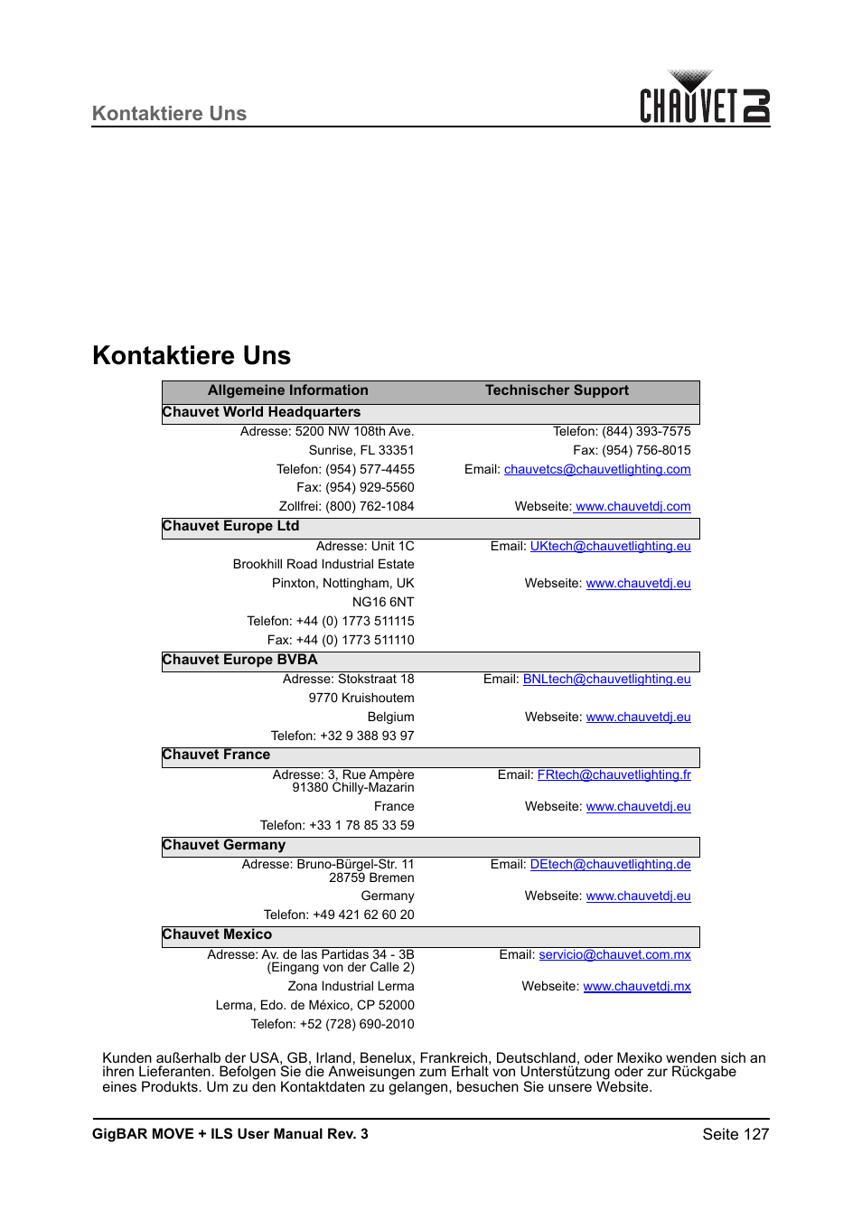 Kontaktiere uns | CHAUVET DJ GigBAR Move + ILS 5-in-1 Lighting System with Moving Heads, Pars, Derbys, Strobe, and Laser Effects User Manual | Page 133 / 164