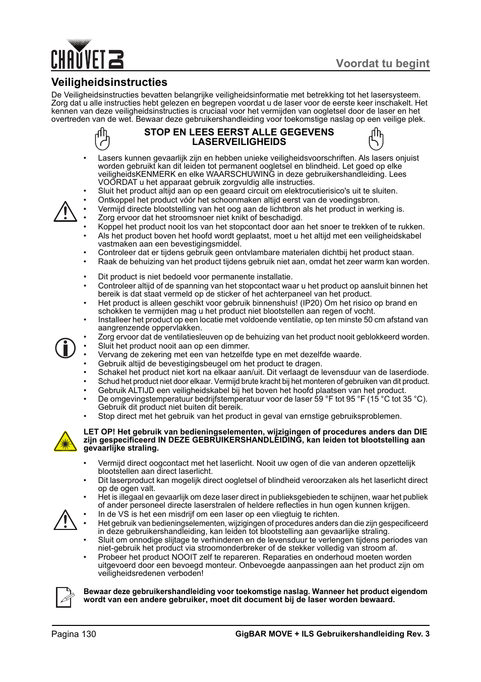 Veiligheidsinstructies, Voordat tu begint, Stop en lees eerst alle gegevens laserveiligheids | CHAUVET DJ GigBAR Move + ILS 5-in-1 Lighting System with Moving Heads, Pars, Derbys, Strobe, and Laser Effects User Manual | Page 136 / 164
