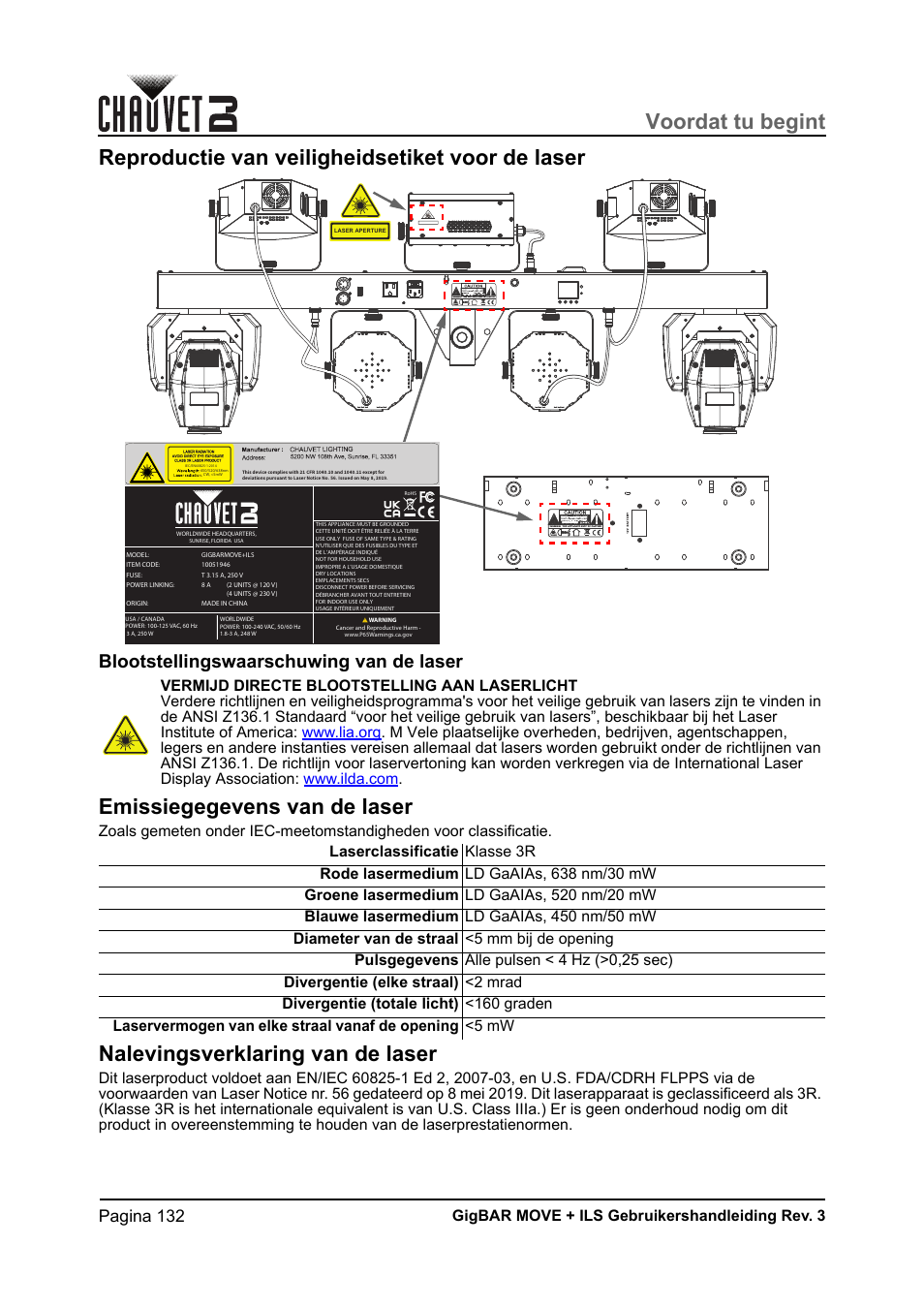Reproductie van veiligheidsetiket voor de laser, Blootstellingswaarschuwing van de laser, Emissiegegevens van de laser | Nalevingsverklaring van de laser, Voordat tu begint, Pagina 132, Gigbar move + ils gebruikershandleiding rev. 3 | CHAUVET DJ GigBAR Move + ILS 5-in-1 Lighting System with Moving Heads, Pars, Derbys, Strobe, and Laser Effects User Manual | Page 138 / 164