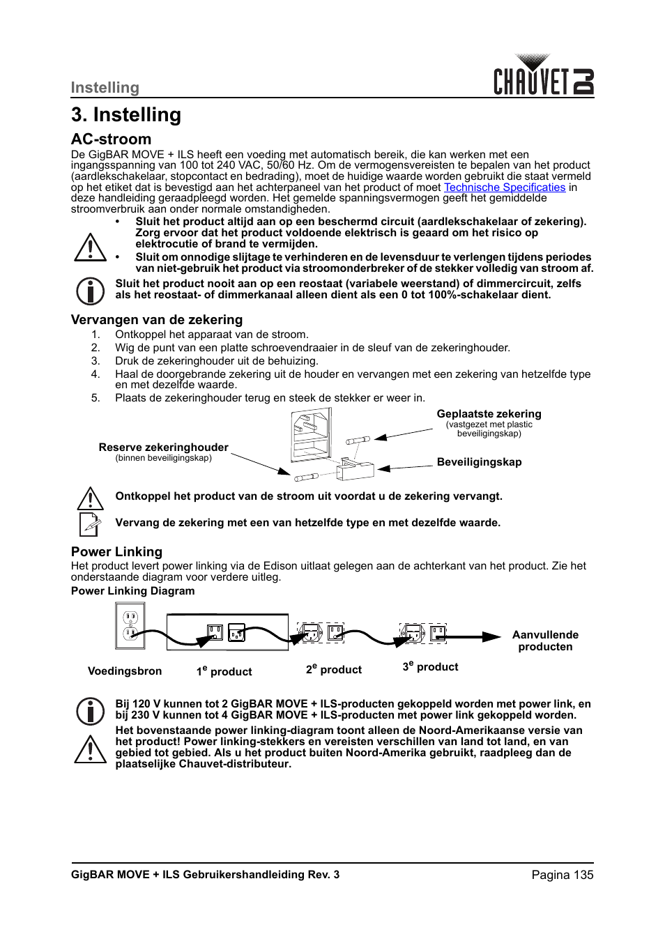 Instelling, Ac-stroom, Vervangen van de zekering | Power linking | CHAUVET DJ GigBAR Move + ILS 5-in-1 Lighting System with Moving Heads, Pars, Derbys, Strobe, and Laser Effects User Manual | Page 141 / 164