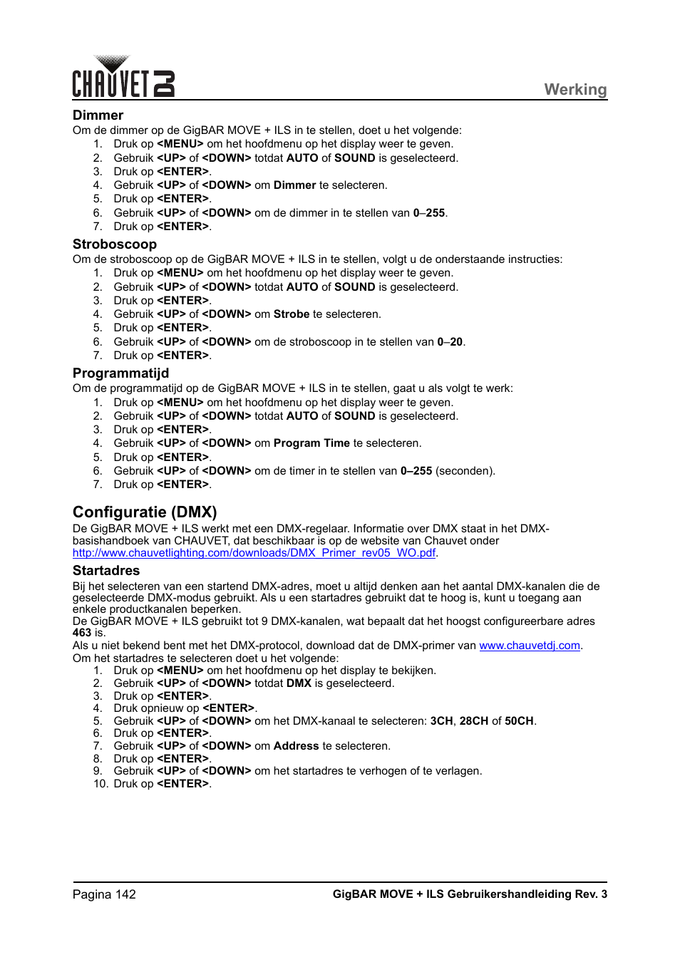 Dimmer, Stroboscoop, Programmatijd | Configuratie (dmx), Startadres, Werking | CHAUVET DJ GigBAR Move + ILS 5-in-1 Lighting System with Moving Heads, Pars, Derbys, Strobe, and Laser Effects User Manual | Page 148 / 164