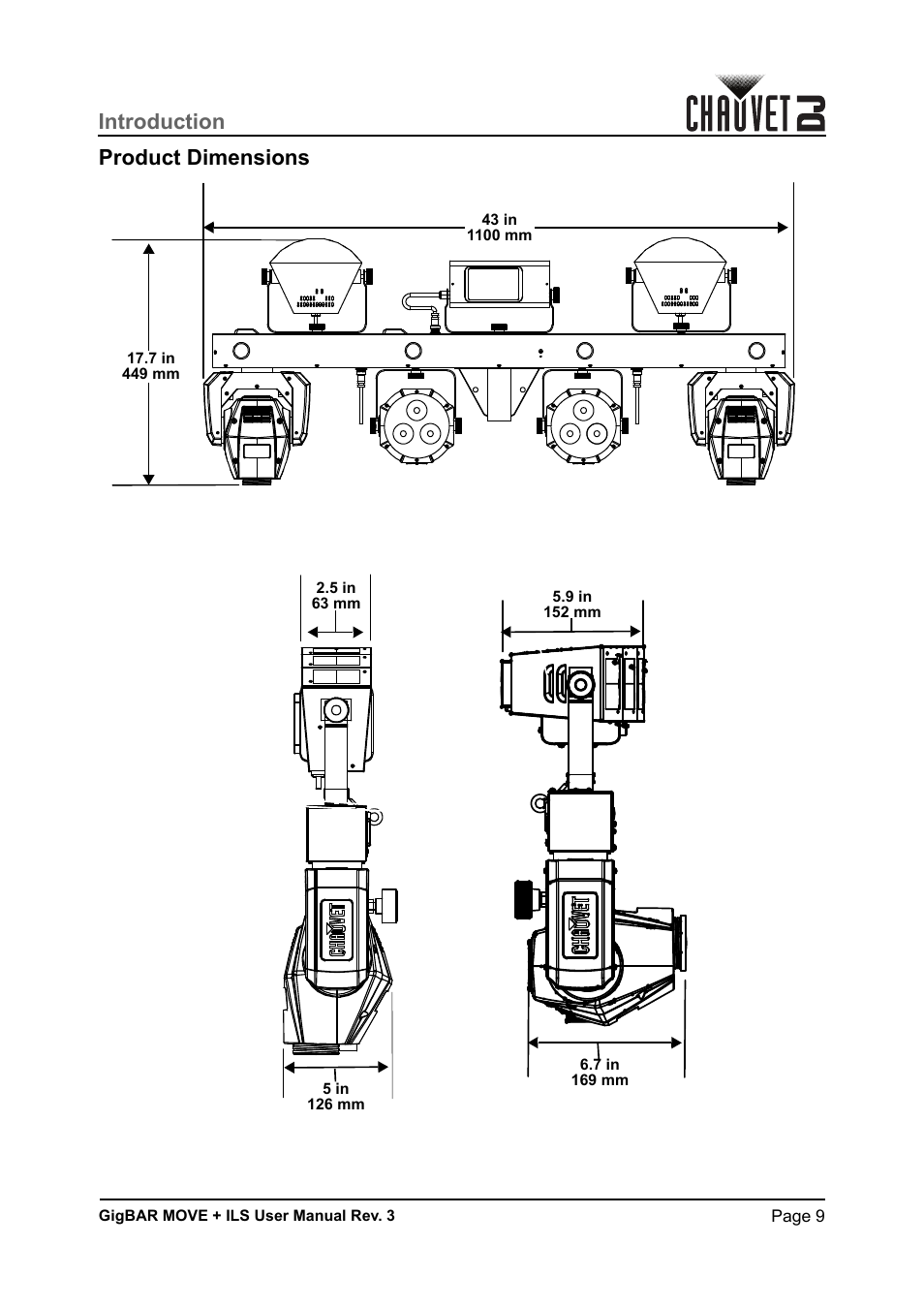 Product dimensions, Introduction product dimensions | CHAUVET DJ GigBAR Move + ILS 5-in-1 Lighting System with Moving Heads, Pars, Derbys, Strobe, and Laser Effects User Manual | Page 15 / 164