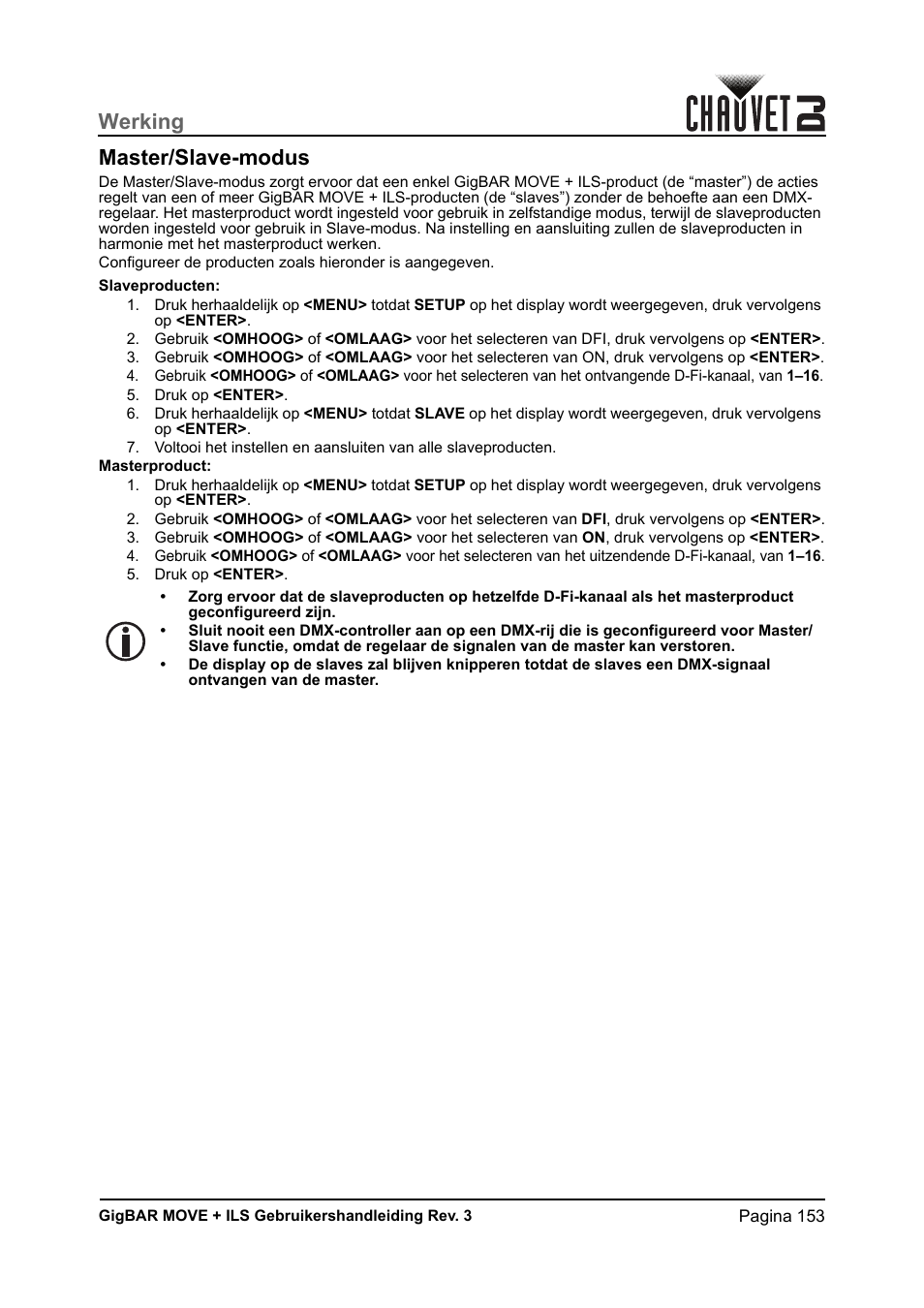 Master/slave-modus, Werking master/slave-modus | CHAUVET DJ GigBAR Move + ILS 5-in-1 Lighting System with Moving Heads, Pars, Derbys, Strobe, and Laser Effects User Manual | Page 159 / 164