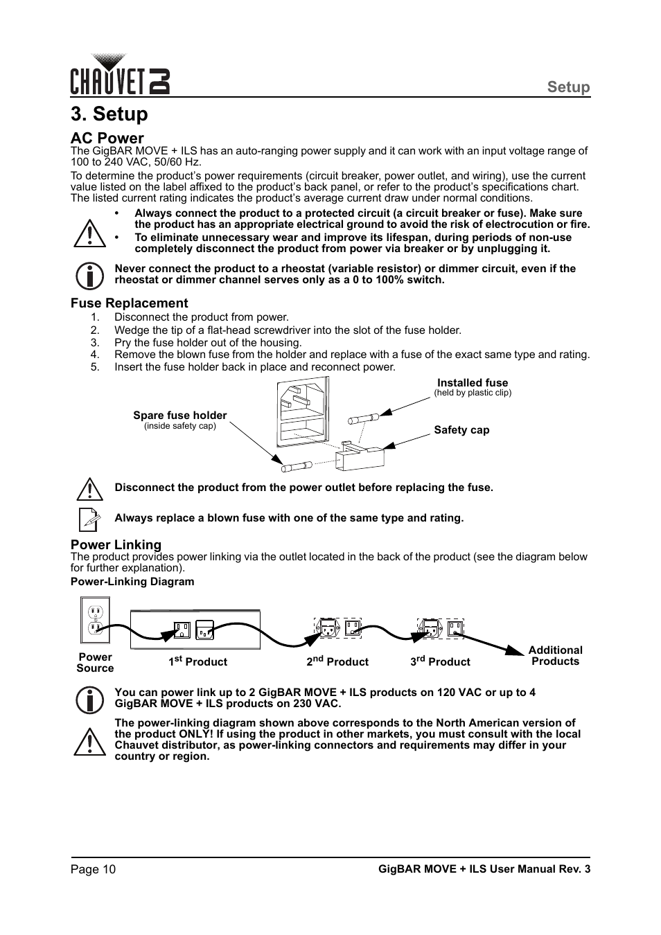 Setup, Ac power, Fuse replacement | Power linking | CHAUVET DJ GigBAR Move + ILS 5-in-1 Lighting System with Moving Heads, Pars, Derbys, Strobe, and Laser Effects User Manual | Page 16 / 164