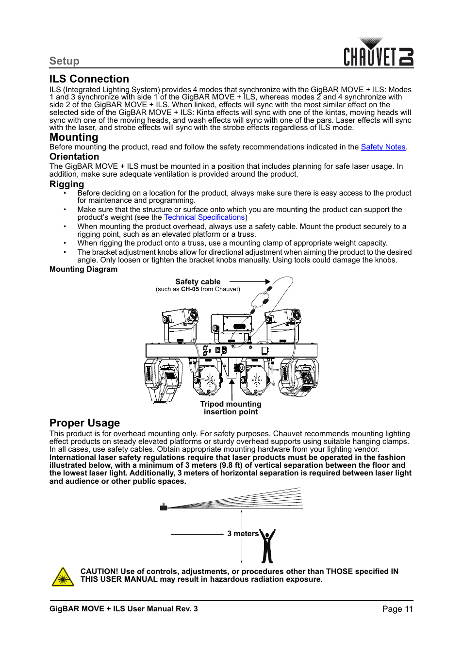 Ils connection, Mounting, Orientation | Rigging, Proper usage, Setup ils connection | CHAUVET DJ GigBAR Move + ILS 5-in-1 Lighting System with Moving Heads, Pars, Derbys, Strobe, and Laser Effects User Manual | Page 17 / 164