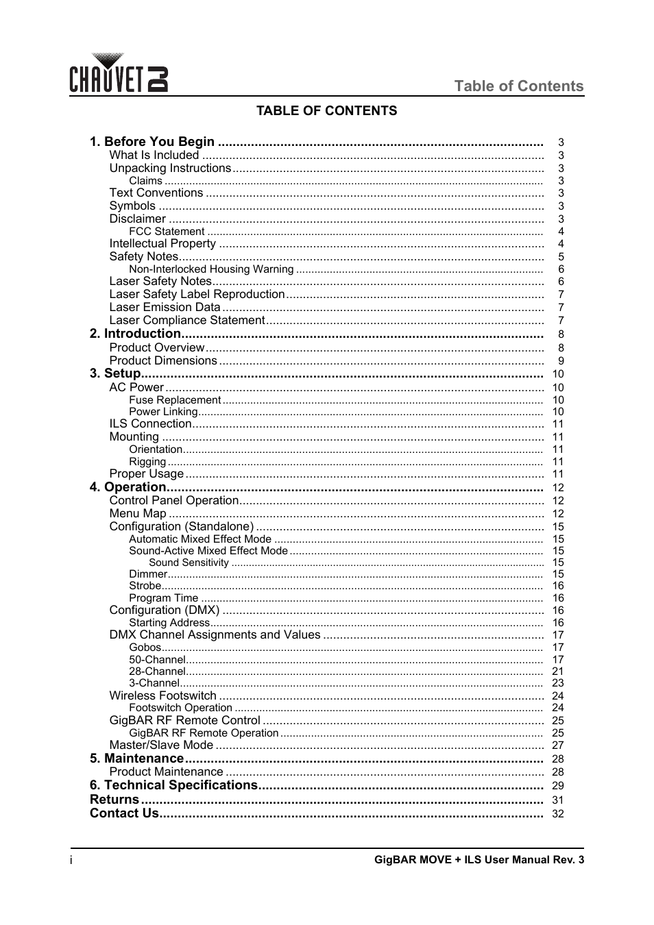 CHAUVET DJ GigBAR Move + ILS 5-in-1 Lighting System with Moving Heads, Pars, Derbys, Strobe, and Laser Effects User Manual | Page 2 / 164