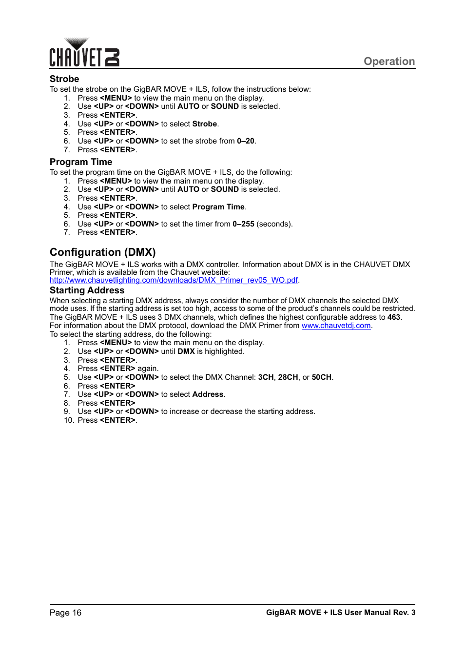 Strobe, Program time, Configuration (dmx) | Starting address, Operation | CHAUVET DJ GigBAR Move + ILS 5-in-1 Lighting System with Moving Heads, Pars, Derbys, Strobe, and Laser Effects User Manual | Page 22 / 164