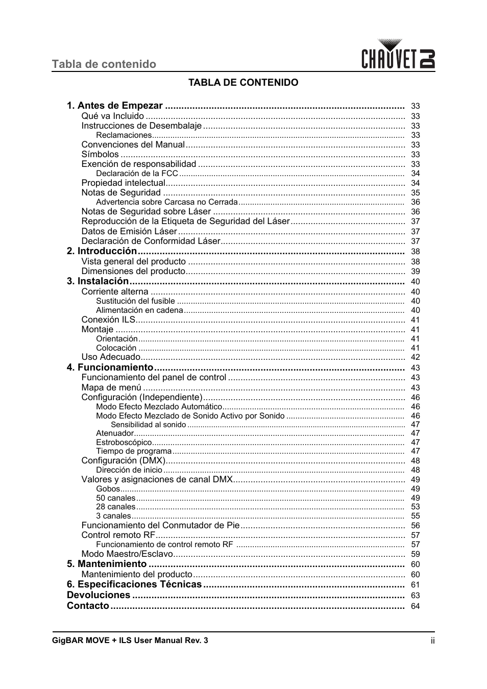 CHAUVET DJ GigBAR Move + ILS 5-in-1 Lighting System with Moving Heads, Pars, Derbys, Strobe, and Laser Effects User Manual | Page 3 / 164