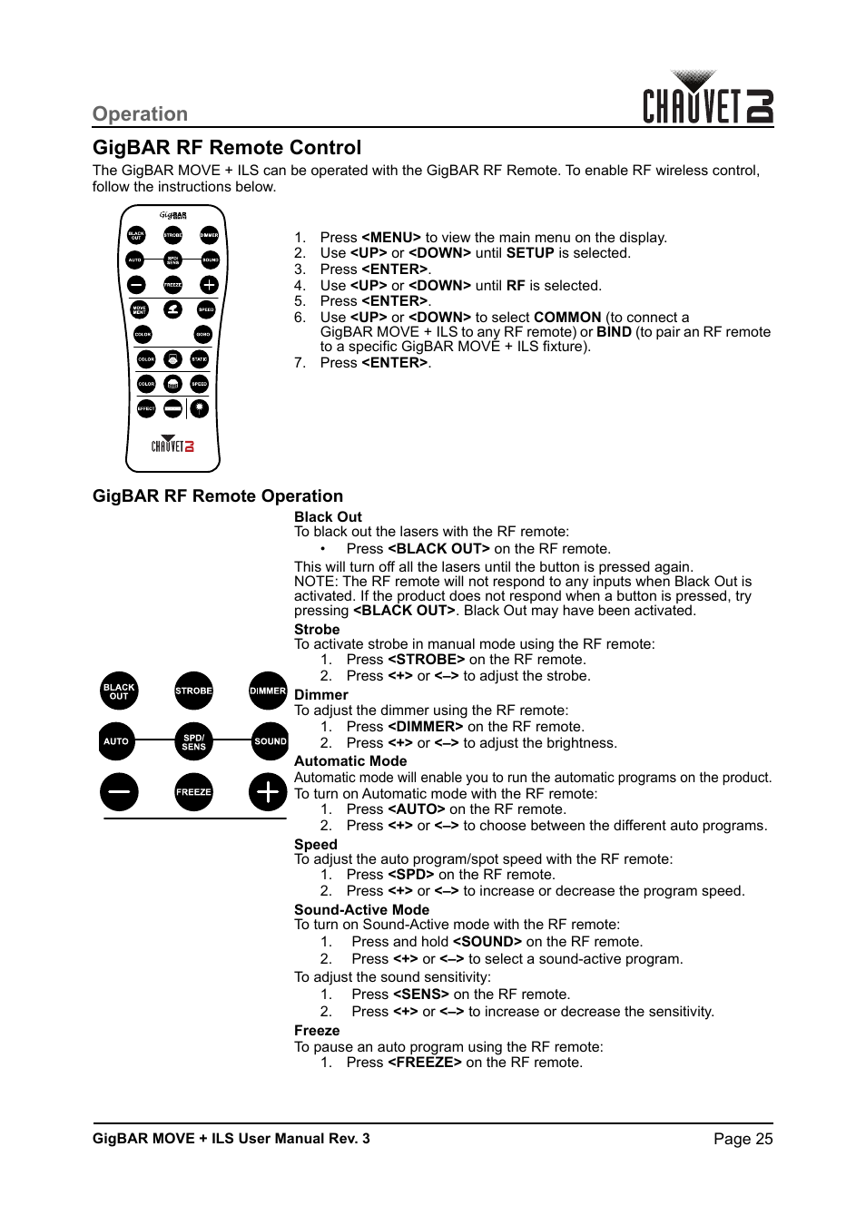 Gigbar rf remote control, Gigbar rf remote operation, Operation gigbar rf remote control | CHAUVET DJ GigBAR Move + ILS 5-in-1 Lighting System with Moving Heads, Pars, Derbys, Strobe, and Laser Effects User Manual | Page 31 / 164